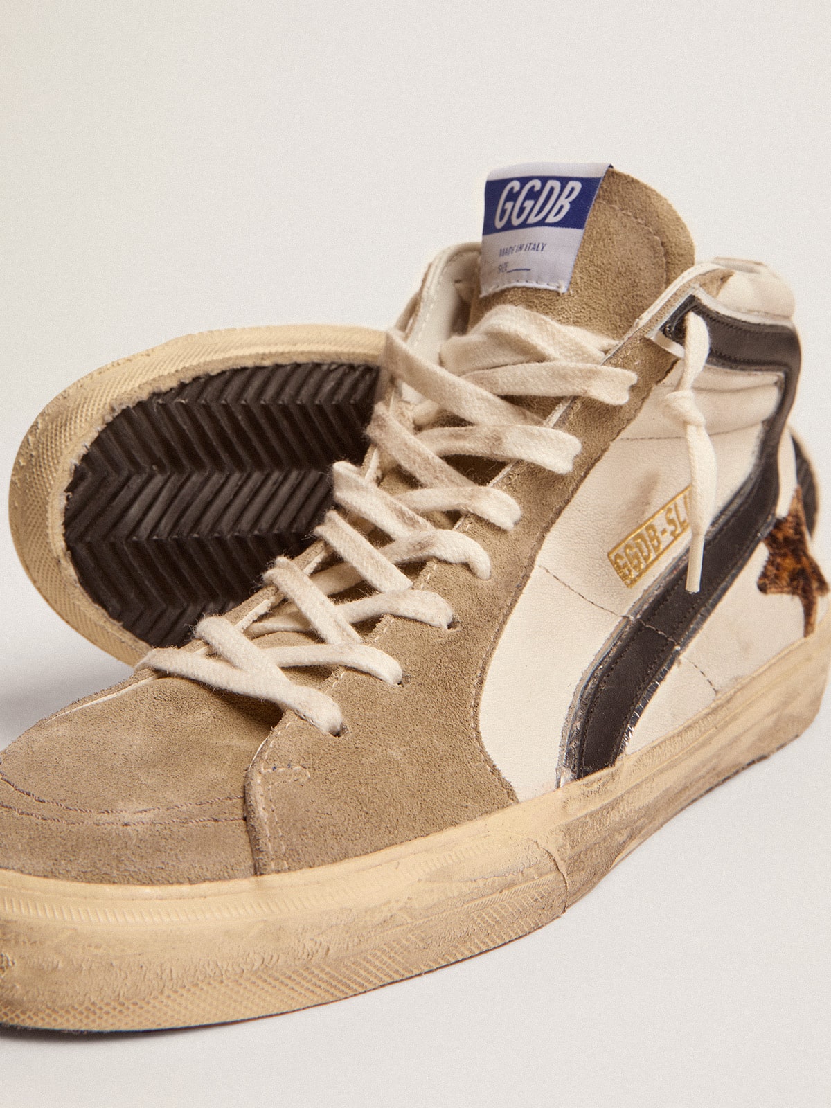 Golden Goose Mens Slide With Leopard Print Pony Skin Star And Black Flash Mens