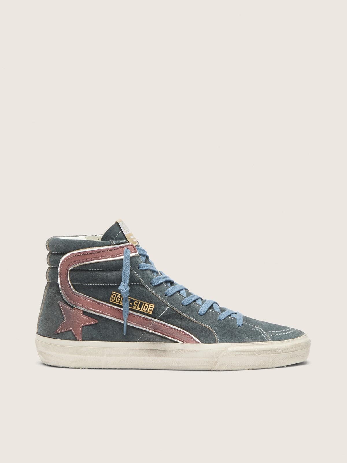 Golden Goose Mens Slide In Gray Suede With Brown Nubuck Star And Flash Mens