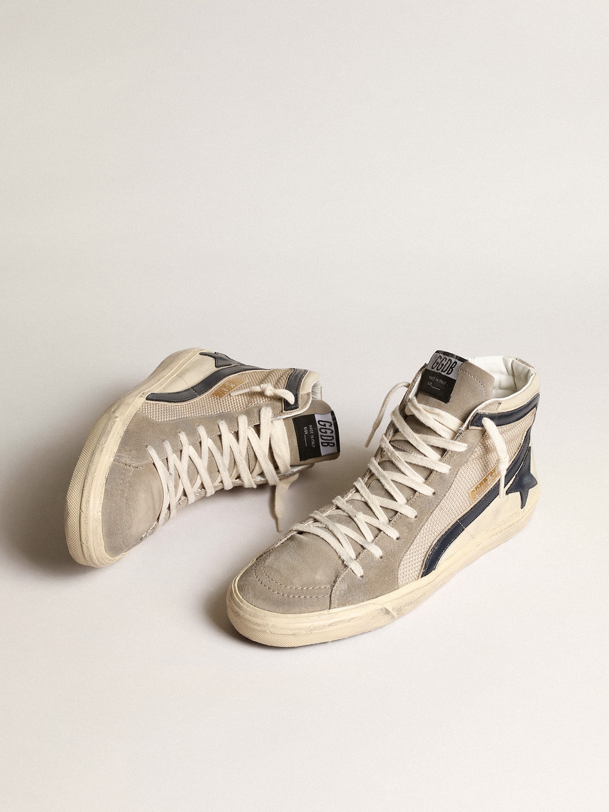 Golden Goose Slide In Beige Mesh And Nylon With Blue Leather Star And Flash Mens
