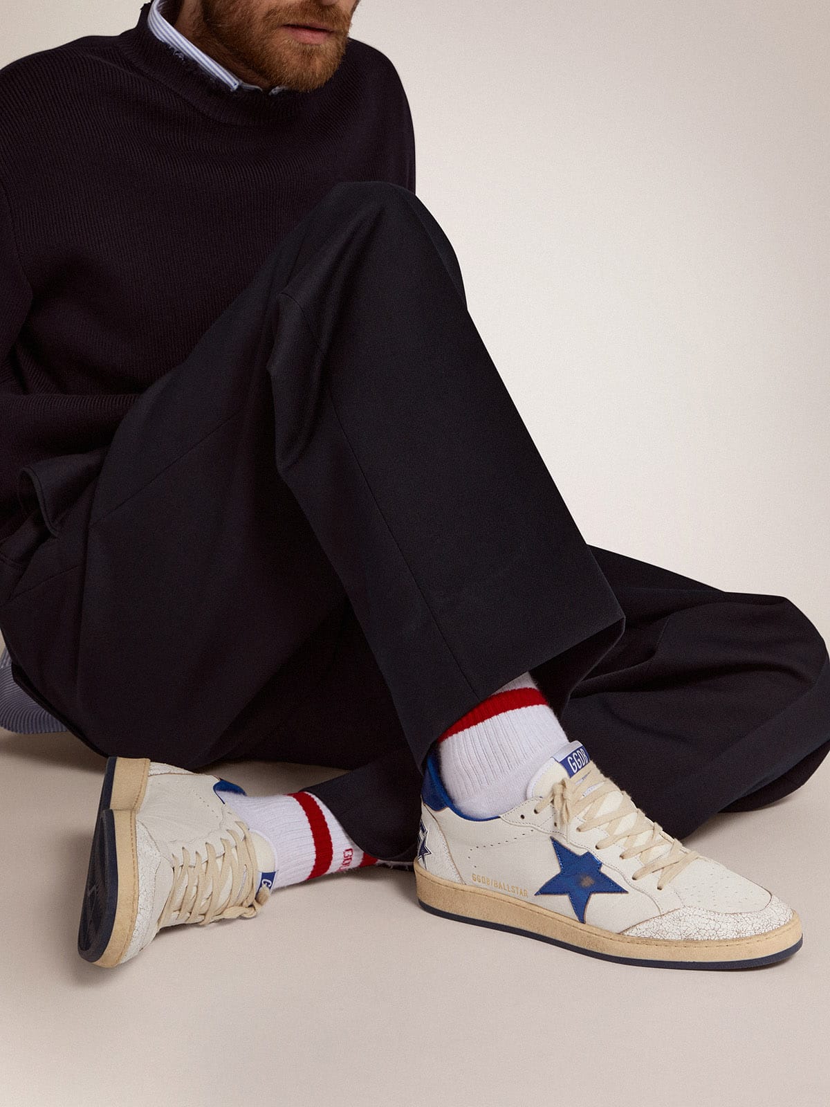Golden Goose Mens Ball Star In White Nappa With Blue Star And Heel Tab Mens