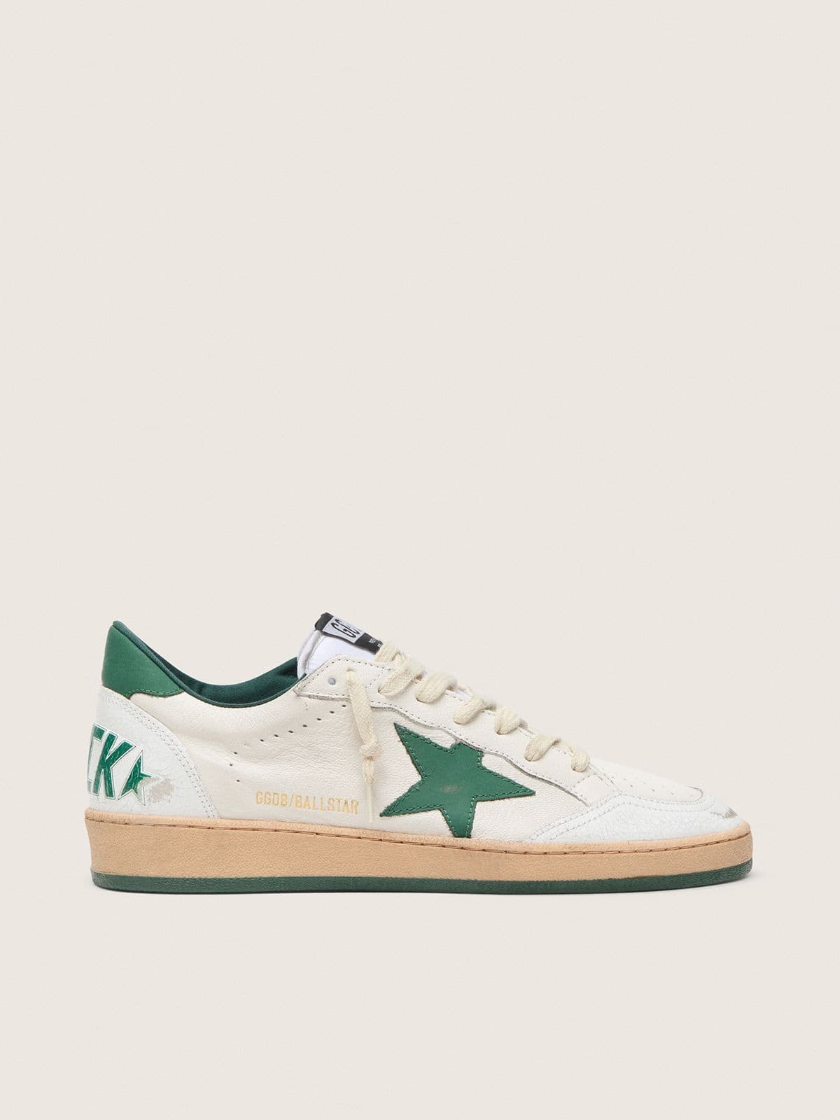 Golden Goose Mens Ball Star Wishes In White Nappa Leather With Green Leather Star And Heel Tab Mens
