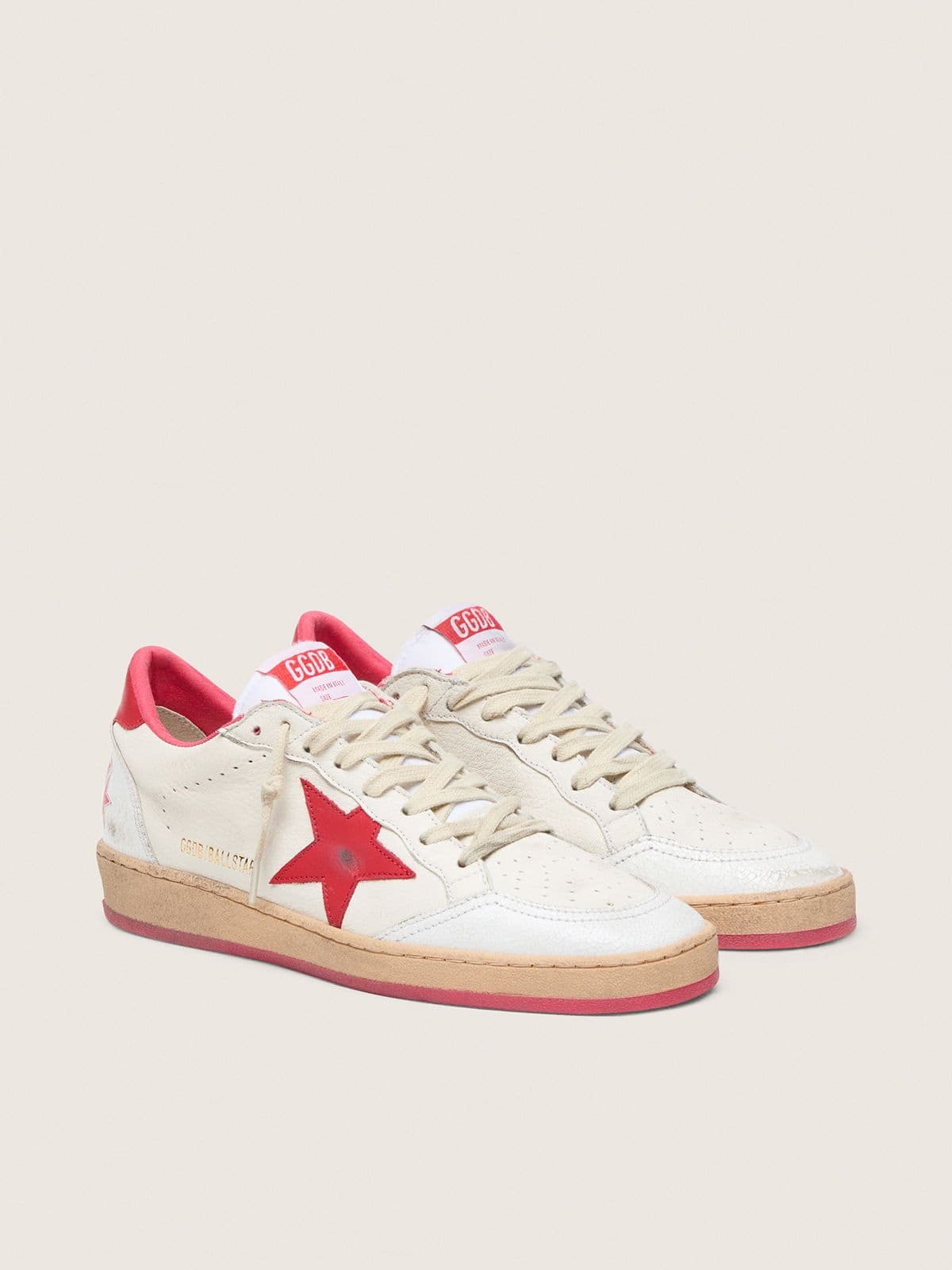 Golden Goose Mens Ball Star Wishes In White Leather With A Red Star And Heel Tab Mens