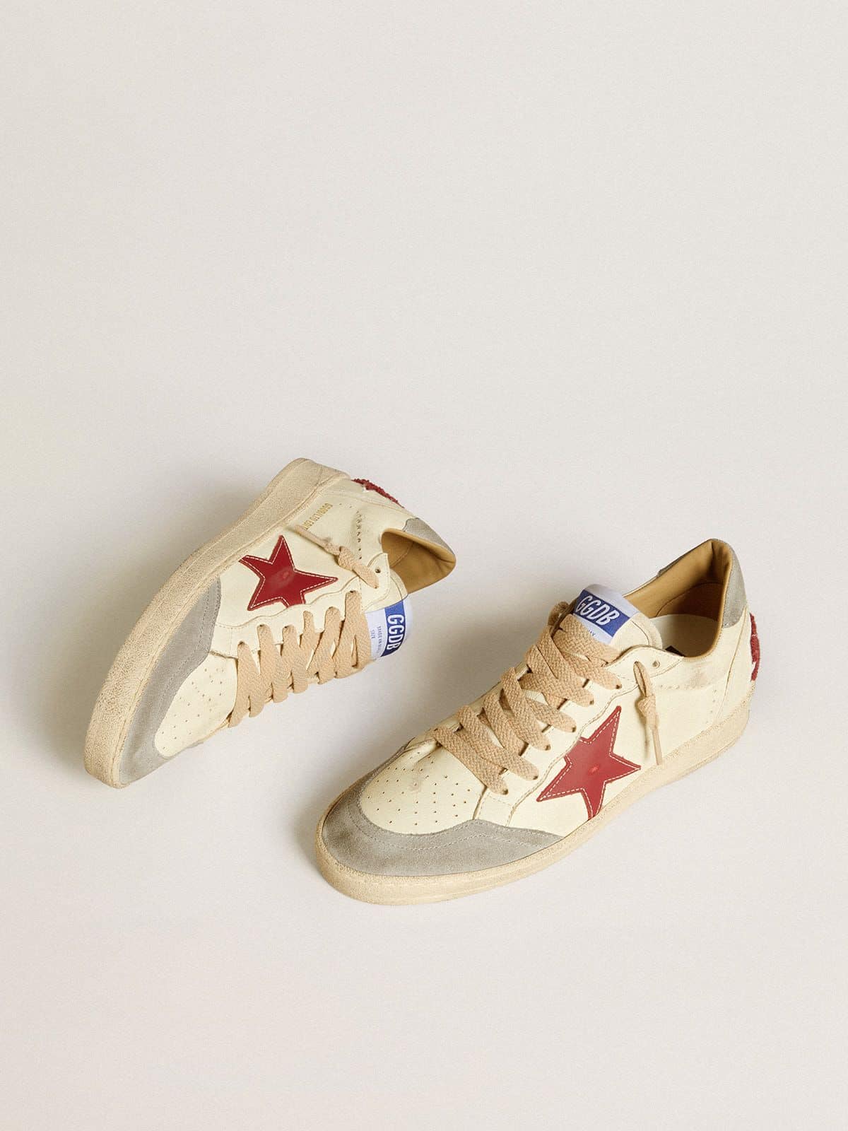 Golden Goose Mens Ball Star Ltd In Nappa Leather With Red Leather Star And Gray Suede Heel Tab Mens
