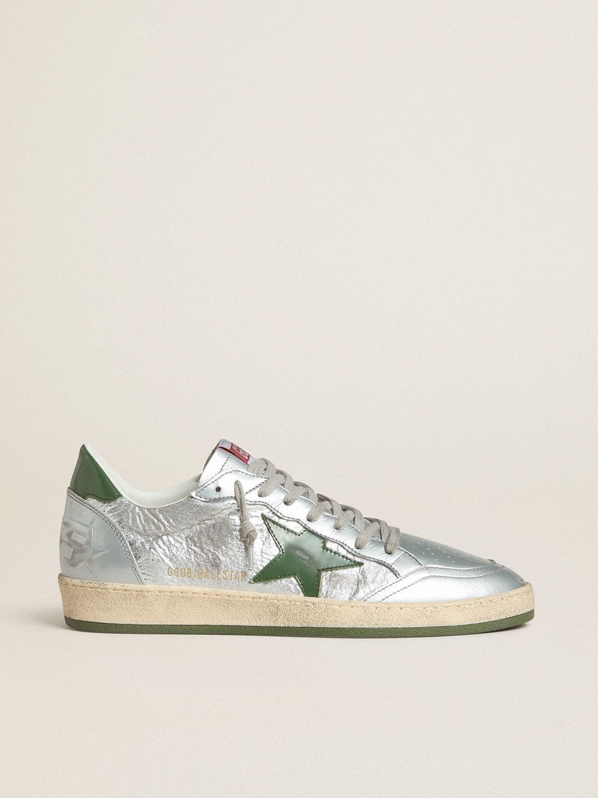 Golden Goose Mens Ball Star In Silver Nylon With Green Leather Star And Heel Tab Mens