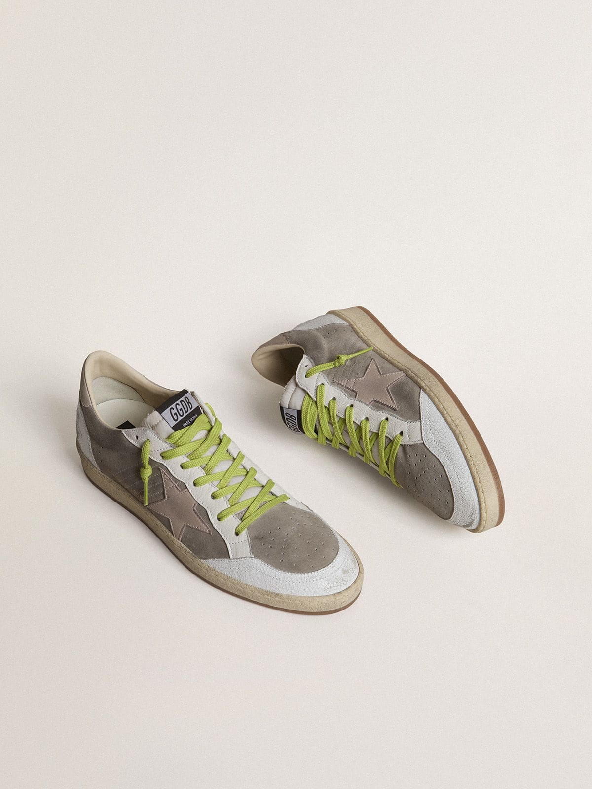 Golden Goose Mens Ball Star In Gray Suede With Old Rose Suede Star And Beige Leather Heel Tab Mens