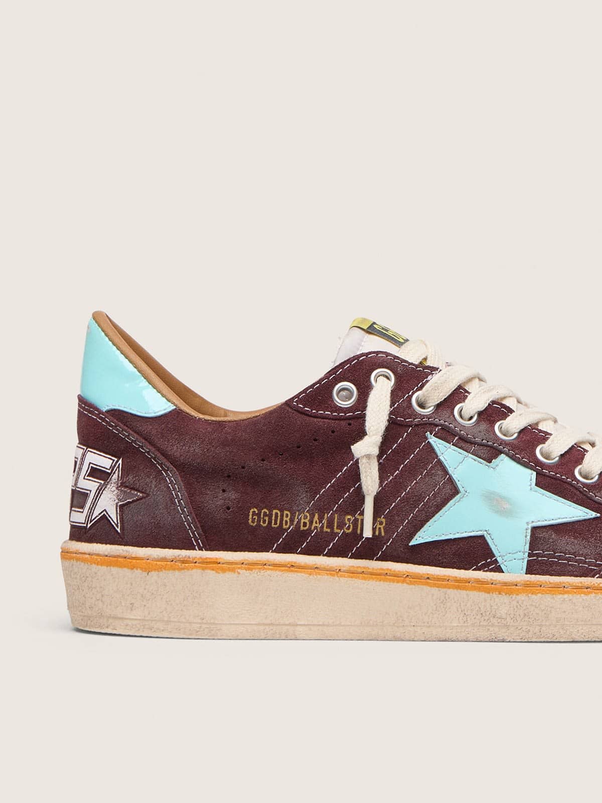 Golden Goose Mens Ball Star In Dark Red Suede With Light Blue Star And Heel Tab Mens