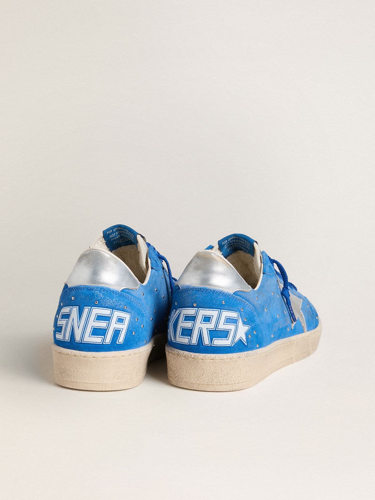 Golden Goose Mens Ball Star In Light Blue Suede With Studs And Silver Metallic Leather Star Mens