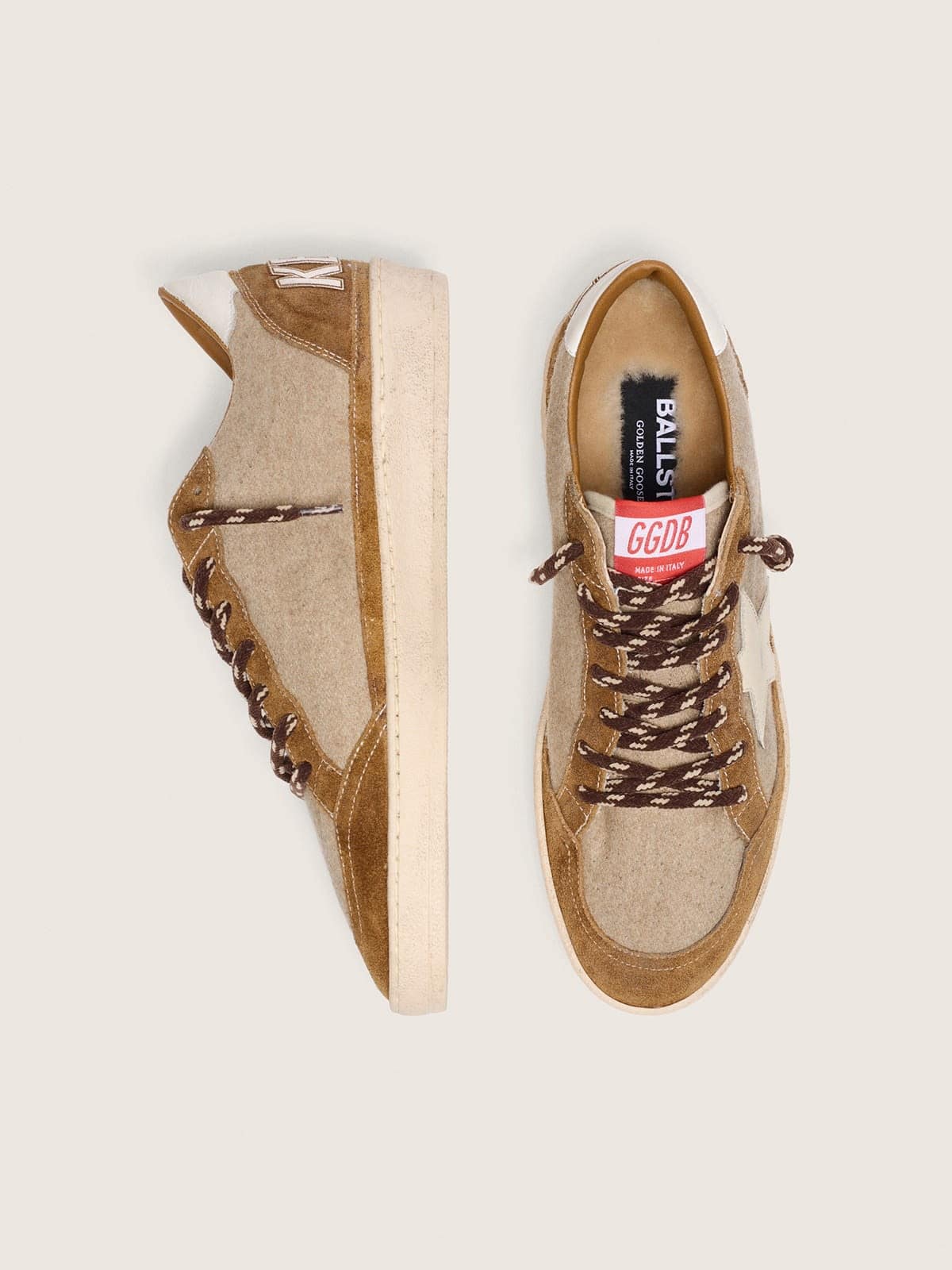 Golden Goose Mens Ball Star In Wool With Cream Leather Star And Brown Waxed Leather Inserts Mens