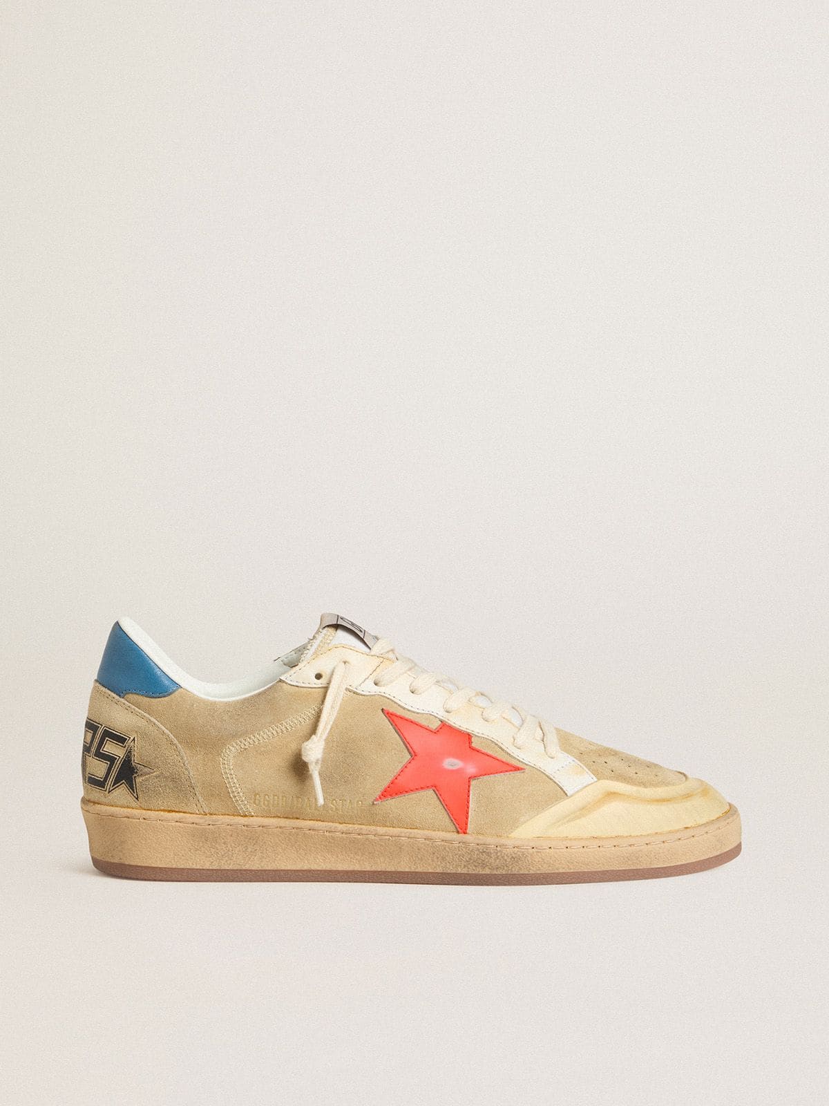 Golden Goose Mens Ball Star In Beige Suede With Coral Leather Star And Blue Nappa Heel Tab Mens