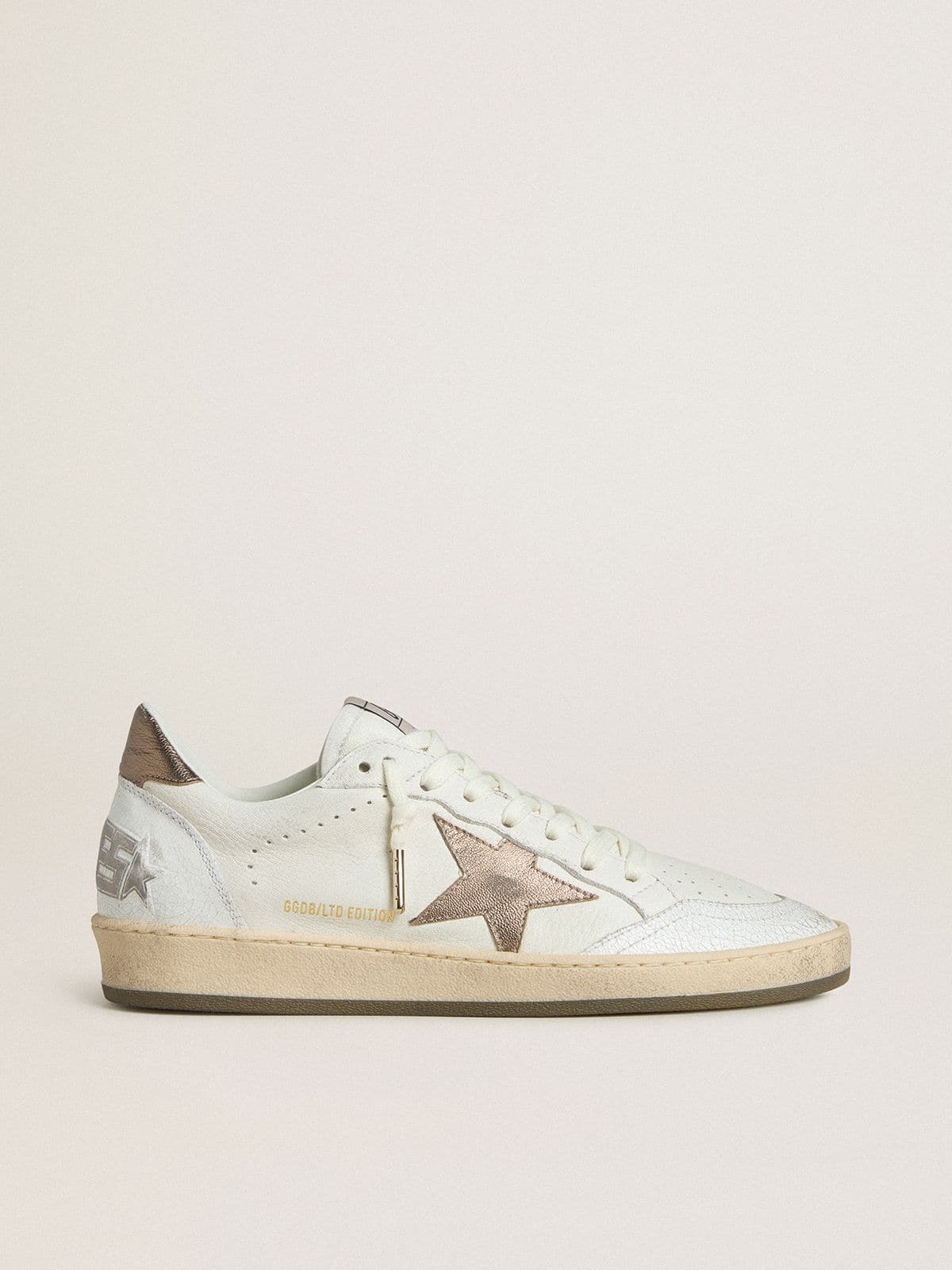 Golden Goose Mens Ball Star In White Nappa Leather With Bronze-Colored Laminated Leather Star And Heel Tab Mens