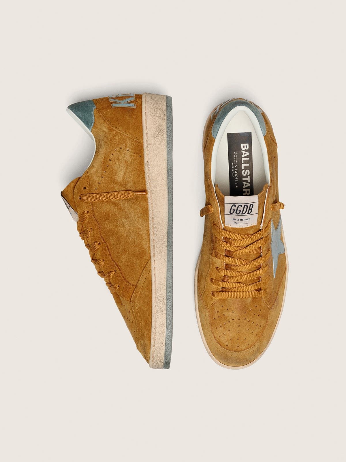 Golden Goose Mens Ball Star In Ocher Suede With Leather Star And Light Blue Suede Heel Tab Mens