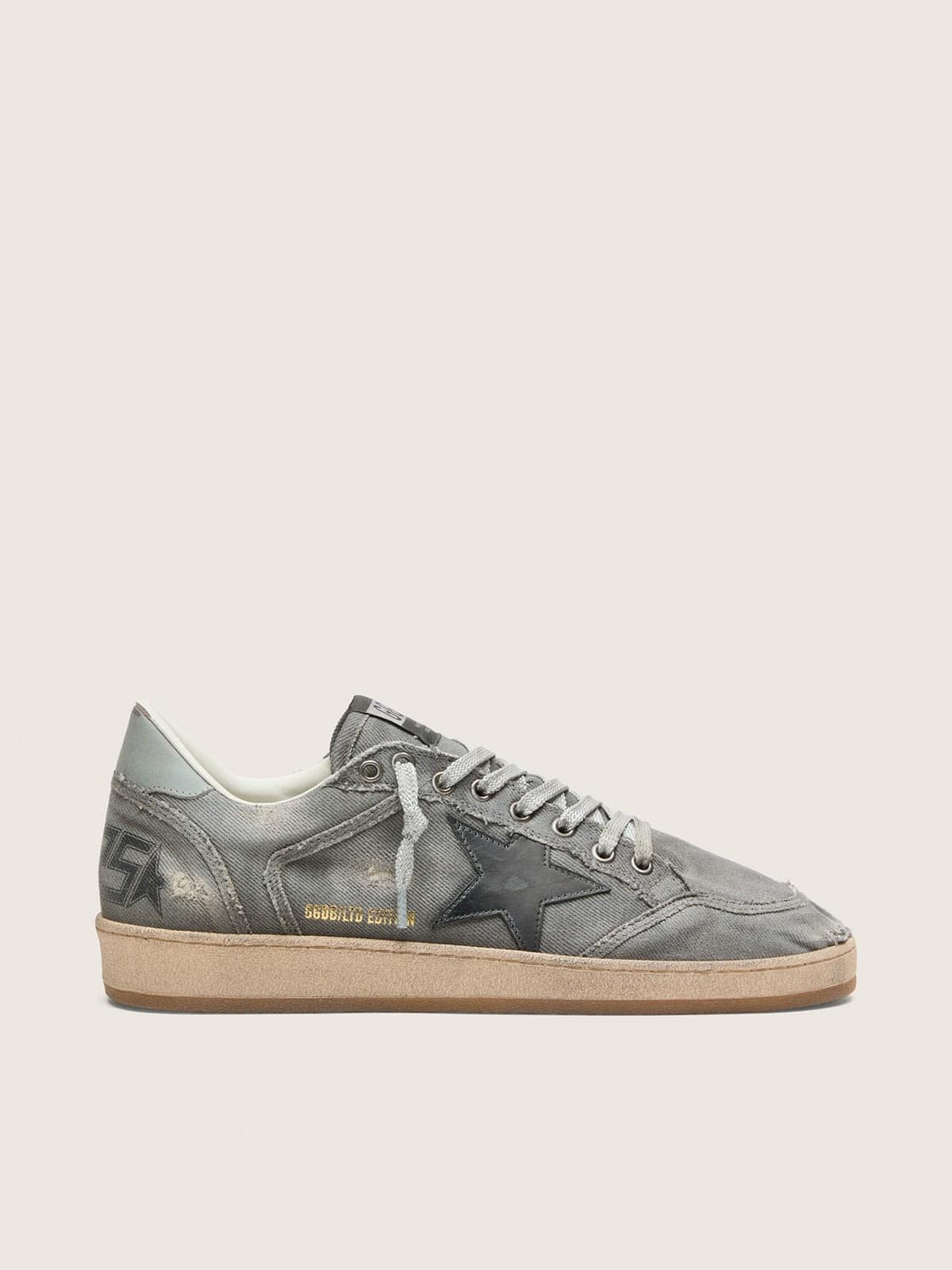 Golden Goose Mens Ball Star Ltd In Gray Denim With Black Leather Star Mens