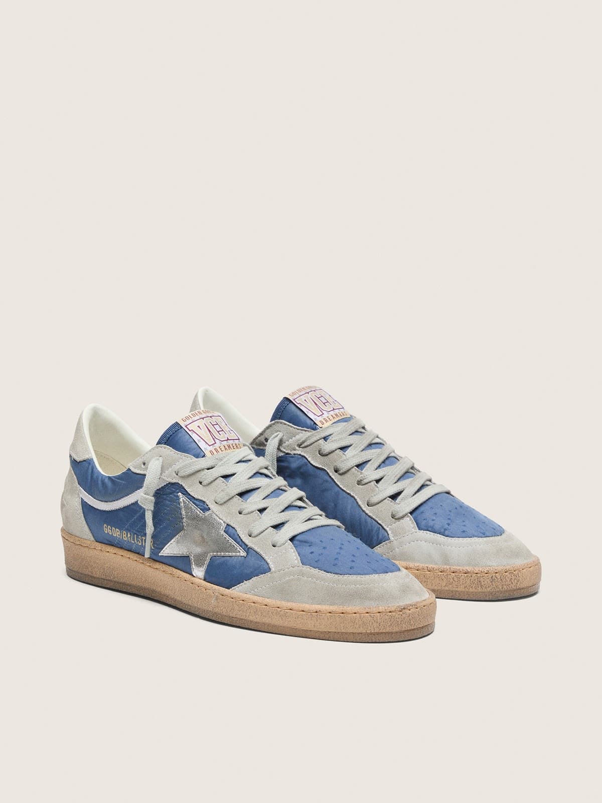 Golden Goose Mens Ball Star In Denim-Blue Nylon With Light Gray Suede Inserts And Metallic Silver Leather Star Mens