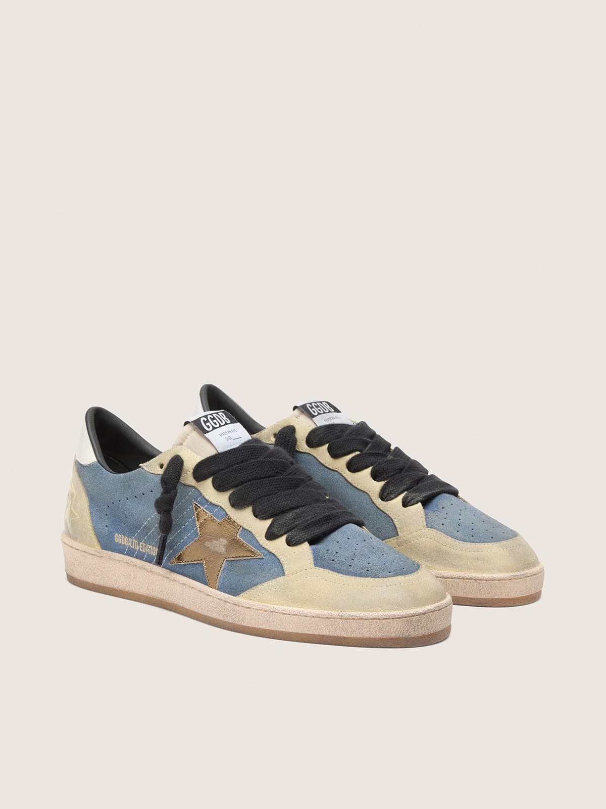 Golden Goose Mens Ball Star Ltd In Denim Blue Suede With Metallic Gold Leather Star Mens