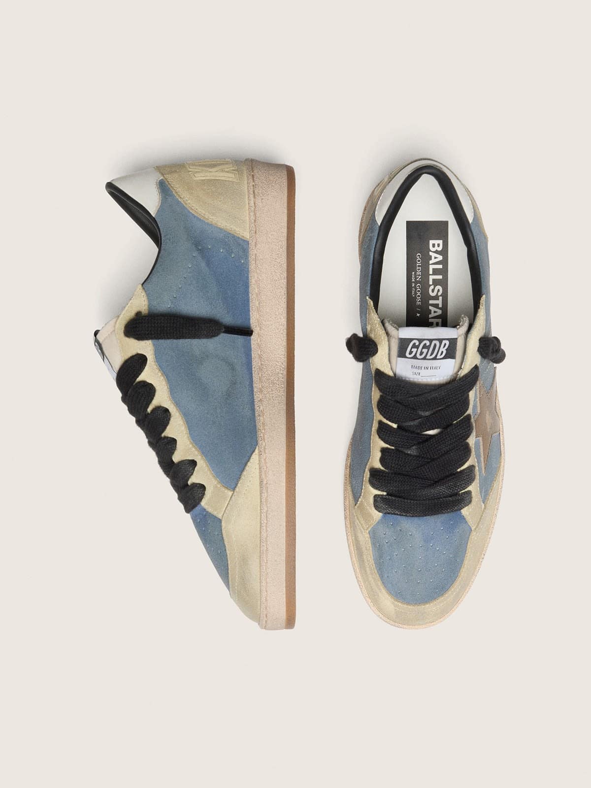 Golden Goose Mens Ball Star Ltd In Denim Blue Suede With Metallic Gold Leather Star Mens