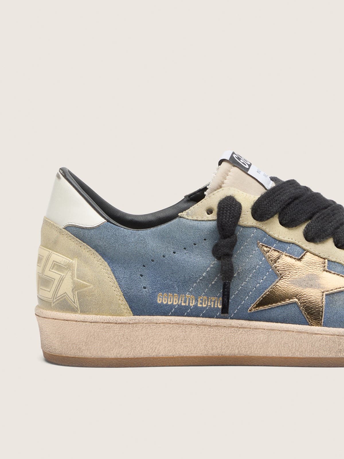 Golden Goose Mens Ball Star Ltd In Denim Blue Suede With Metallic Gold Leather Star Mens