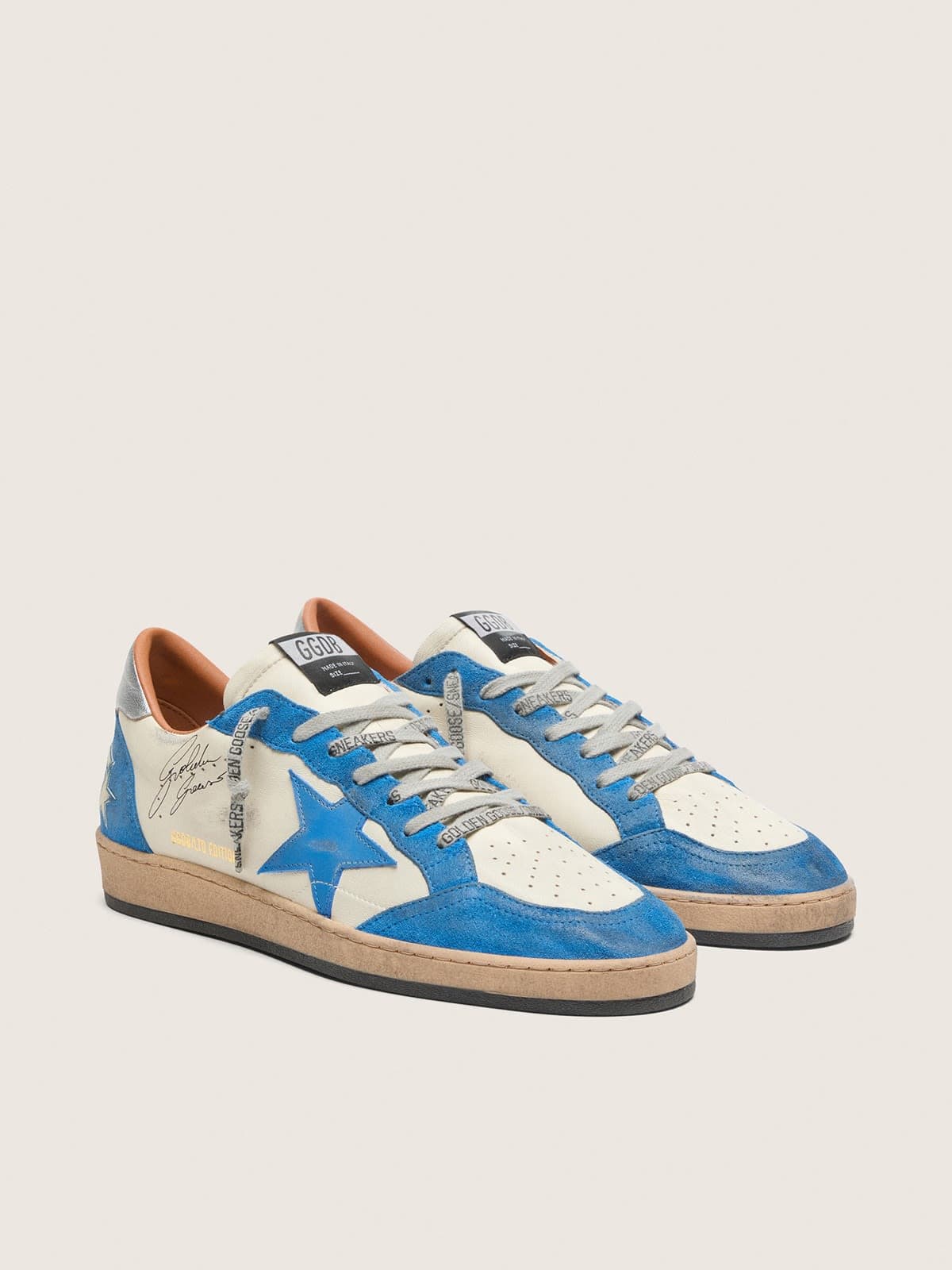 Golden Goose Mens Ball Star Ltd In White Leather With Light Blue Leather Star Mens