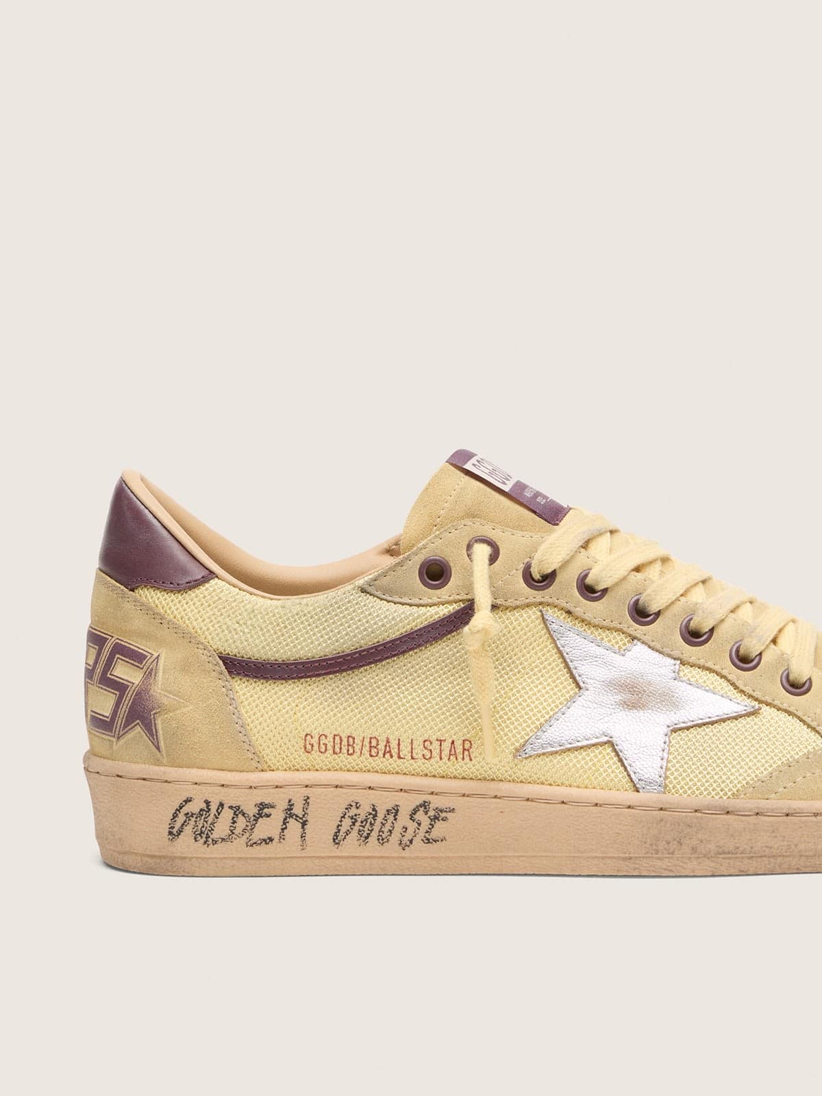 Golden Goose Mens Ball Star In Yellow Suede With Silver Star And Yellow Mesh Inserts Mens
