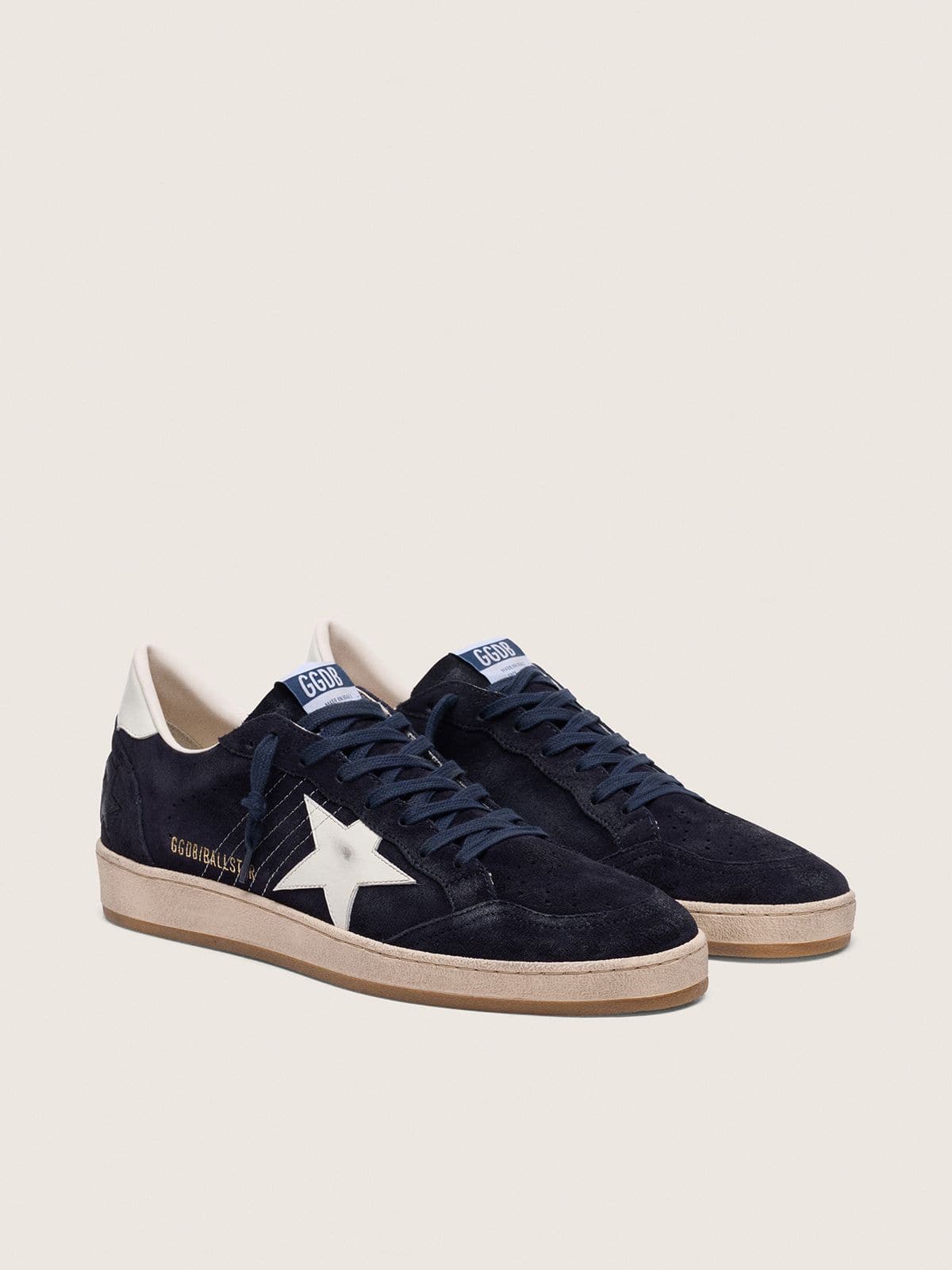 Golden Goose Mens Ball Star In Dark Blue Suede With White Leather Star Mens