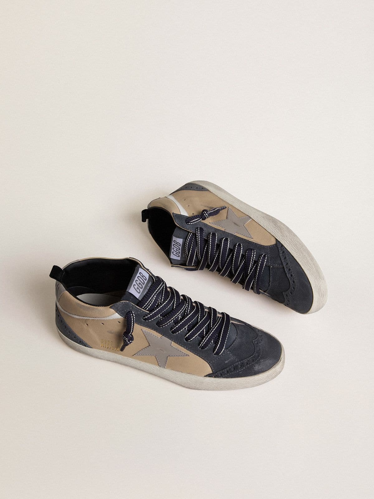 Golden Goose Mens Mid Star In Beige And Blue Suede With Gray Nappa Leather Star And White Leather Flash Mens