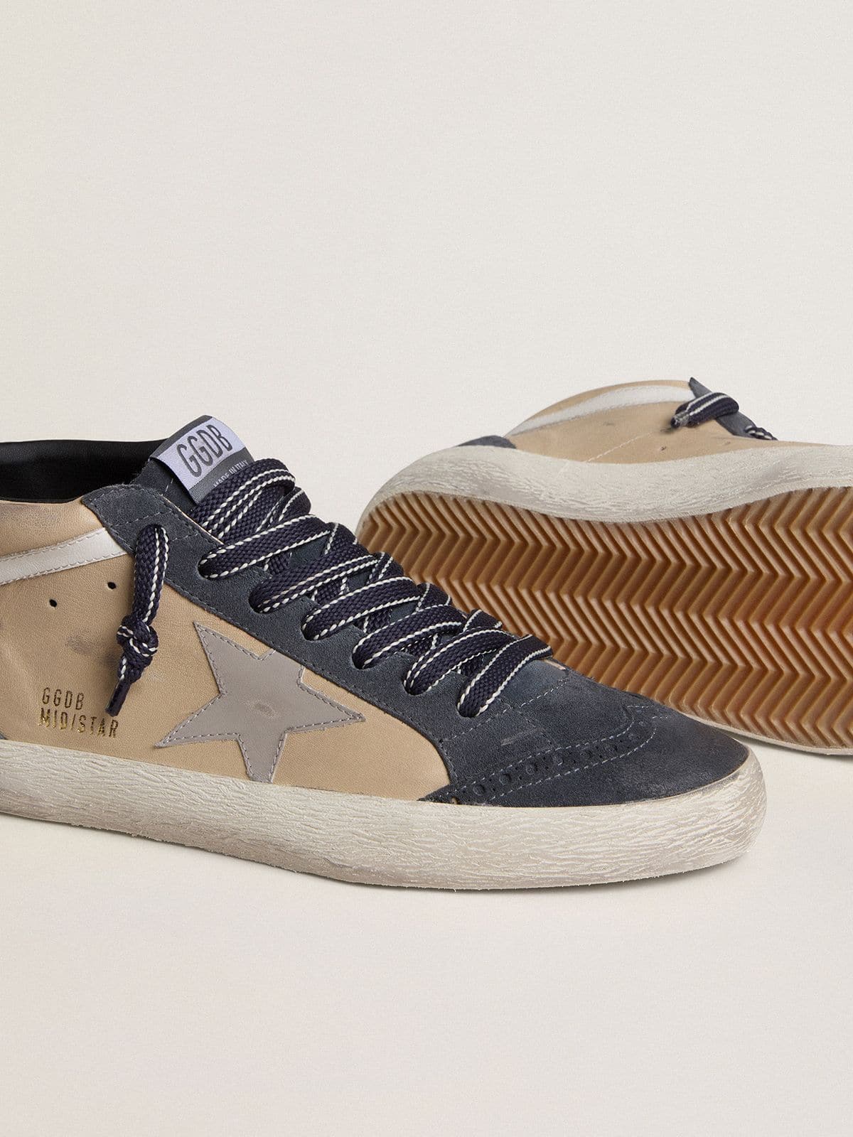 Golden Goose Mens Mid Star In Beige And Blue Suede With Gray Nappa Leather Star And White Leather Flash Mens