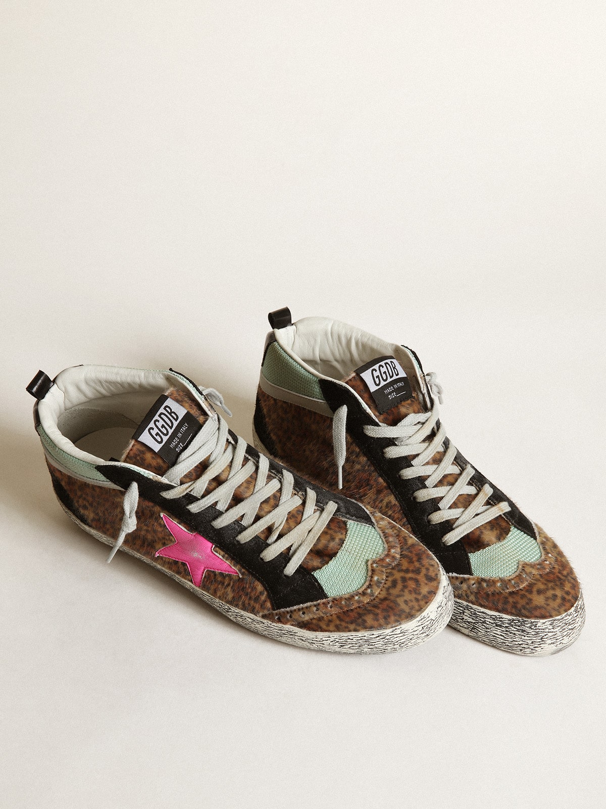 Golden Goose Mid Star In Leopard-Print Pony Skin With Fuchsia Leather Star Mens