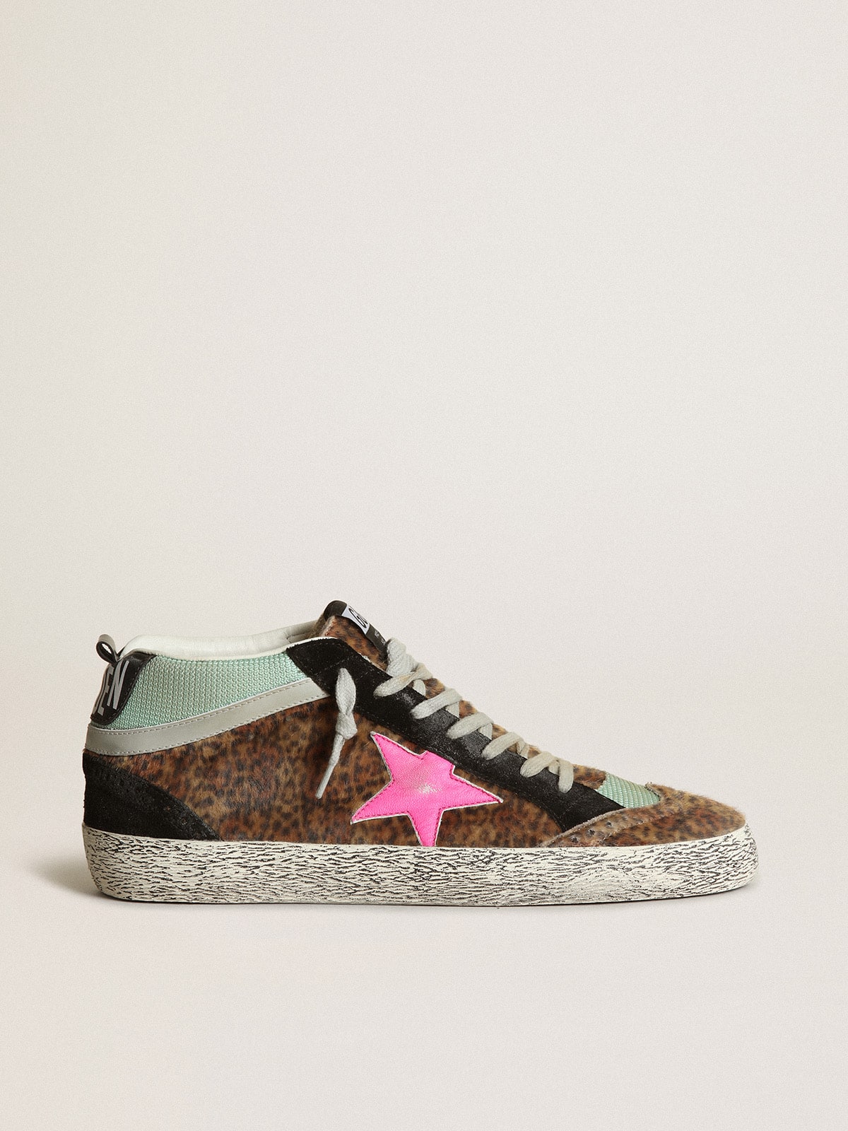 Golden Goose Mid Star In Leopard-Print Pony Skin With Fuchsia Leather Star Mens