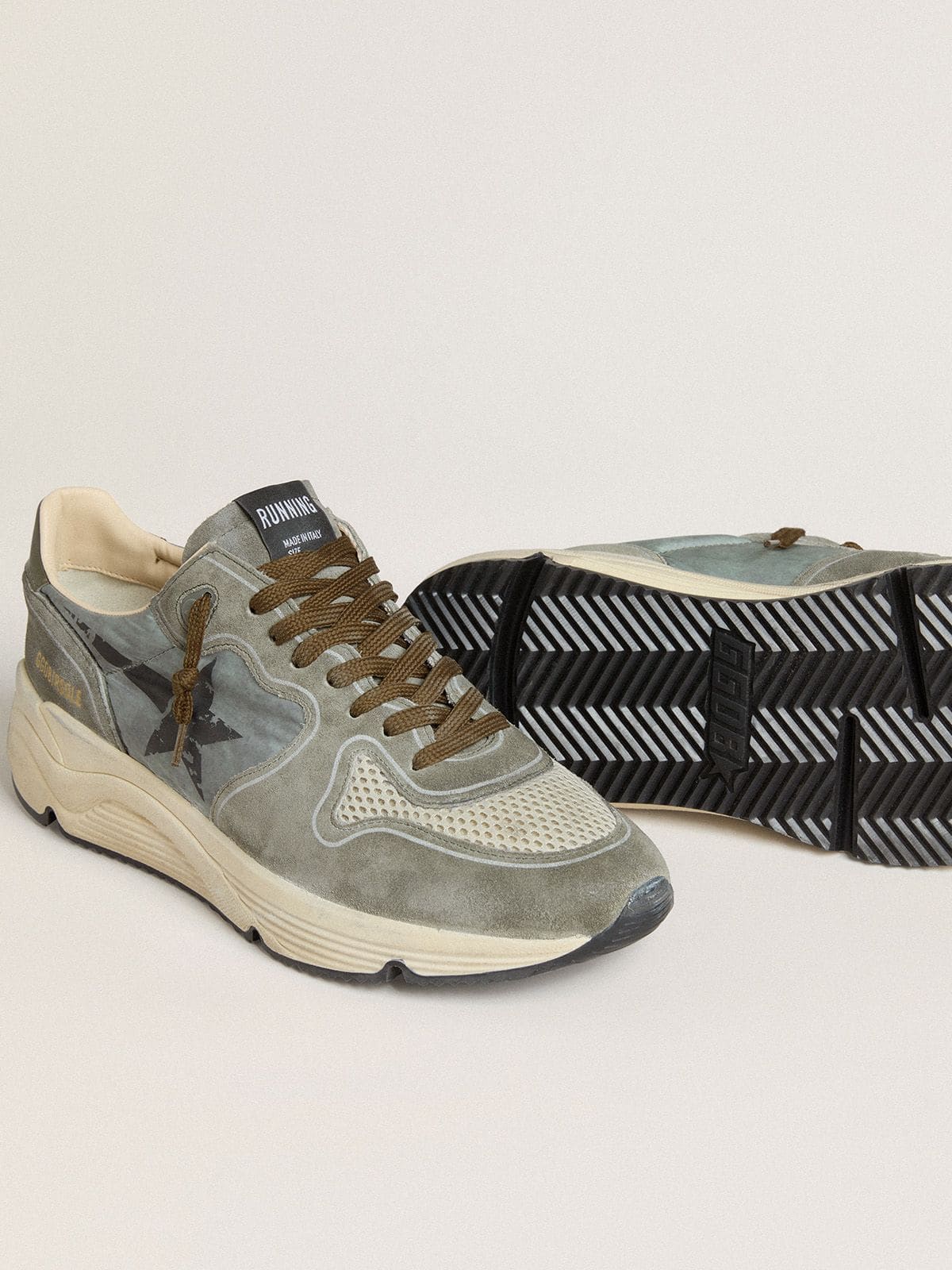 Golden Goose Mens Running Sole In Light Blue Nylon With Black Star And Green Leather Heel Tab Mens