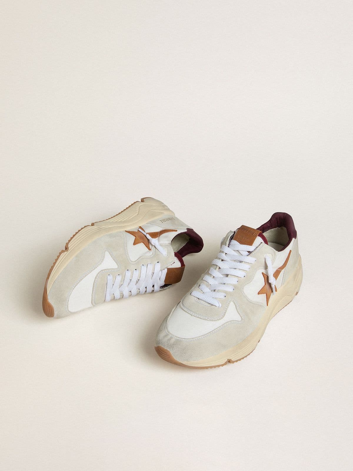 Golden Goose Mens Running Sole In Nylon And Suede With Brown Leather Star And Burgundy Leather Heel Tab Mens