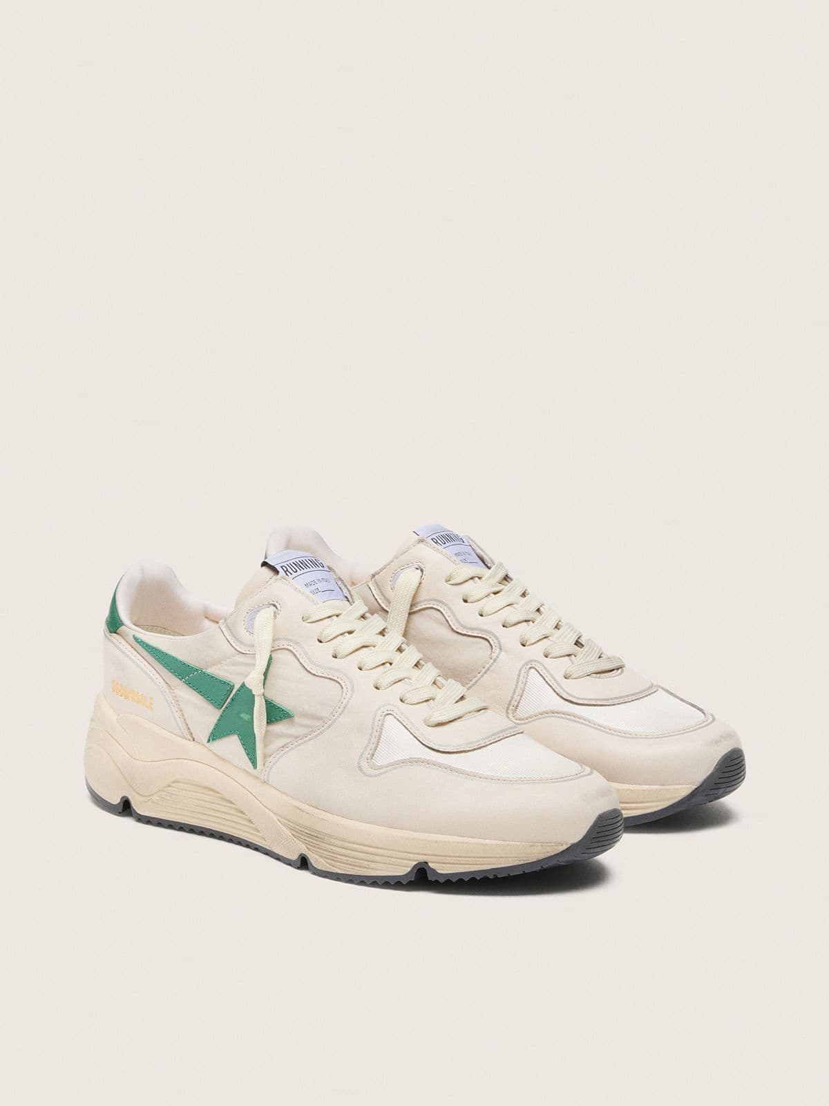 Golden Goose Mens Running Sole In Cream Nylon And Leather With Green Leather Star Mens