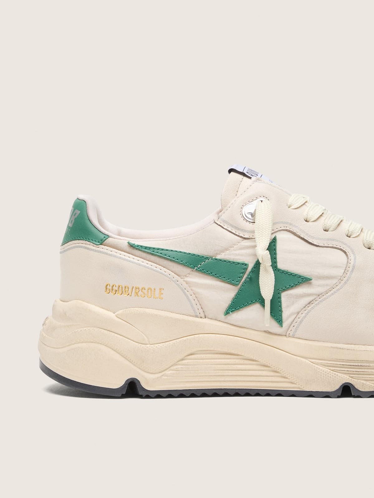 Golden Goose Mens Running Sole In Cream Nylon And Leather With Green Leather Star Mens