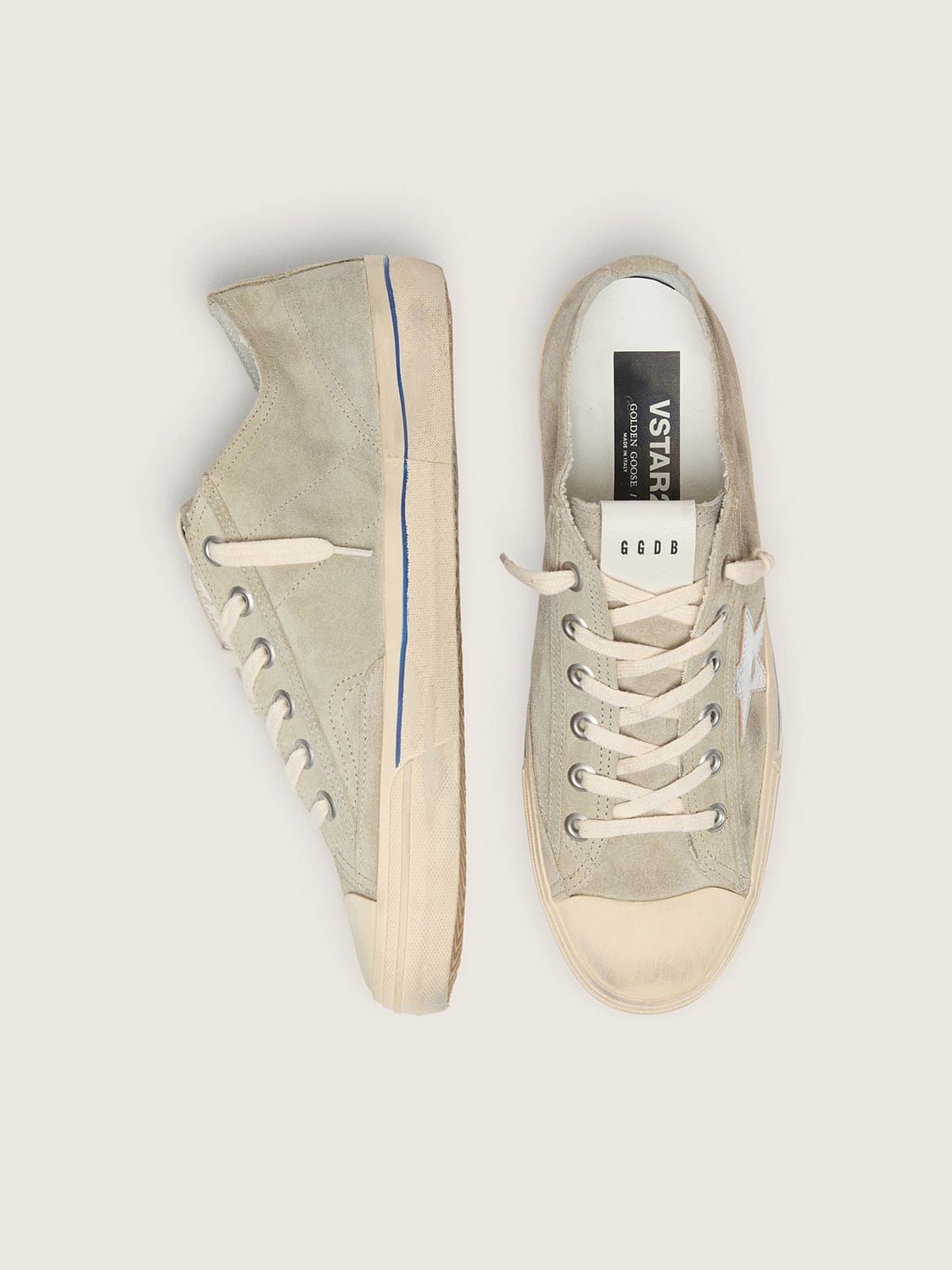 Golden Goose Mens V-Star In Dove-Gray Suede With Silver Metallic Leather Star Mens