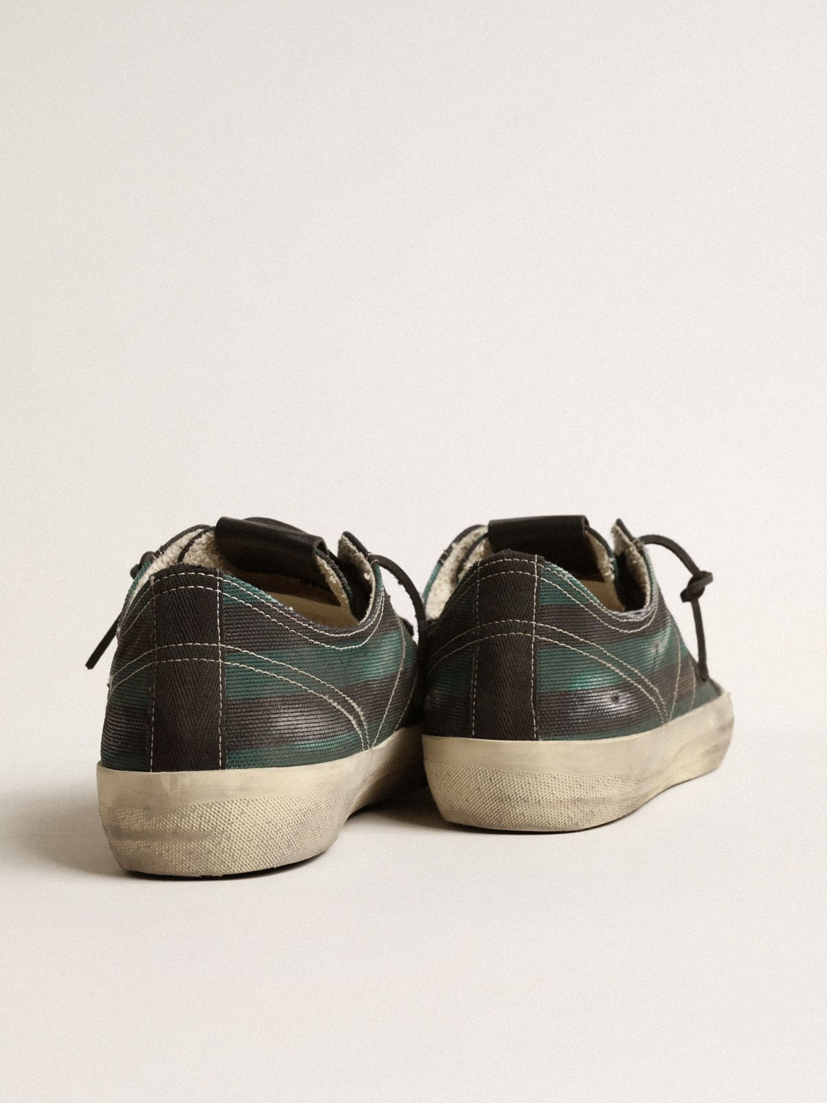 Golden Goose Mens V-Star In Black And Green Striped Canvas With Black Leather Star And Toe Mens