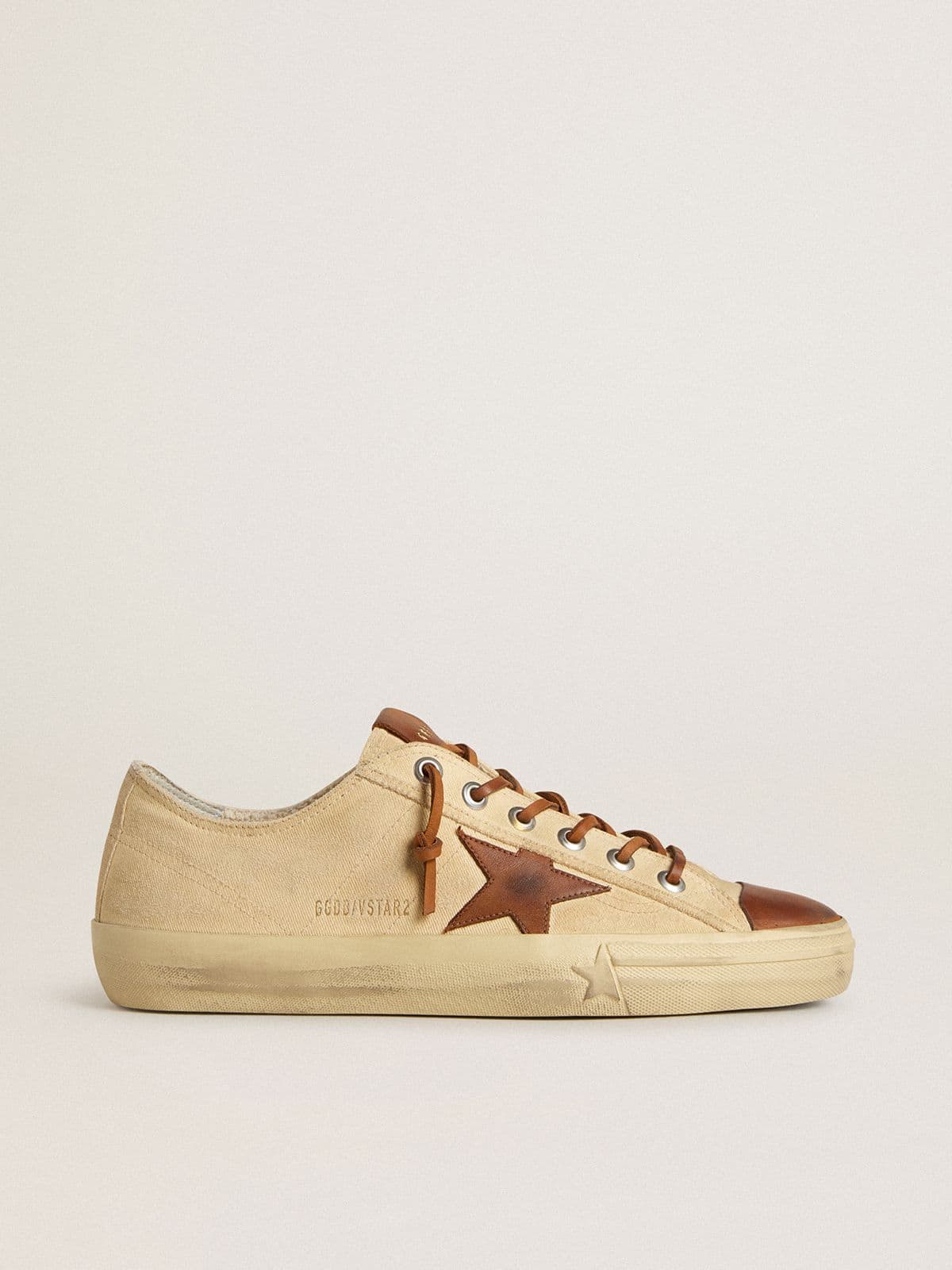 Golden Goose Mens V-Star In Cream Canvas With Tobacco Leather Star Mens