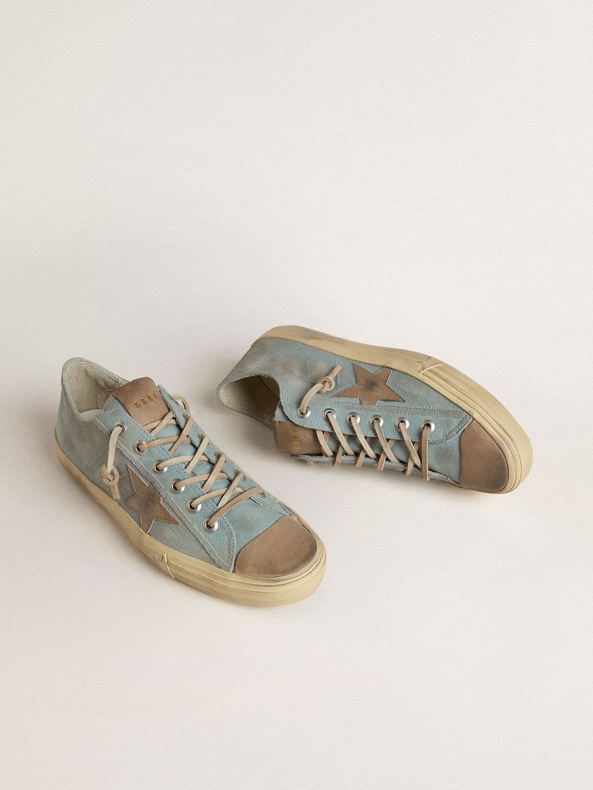 Golden Goose Mens V-Star In Light Blue Canvas With Dove-Gray Leather Star Mens