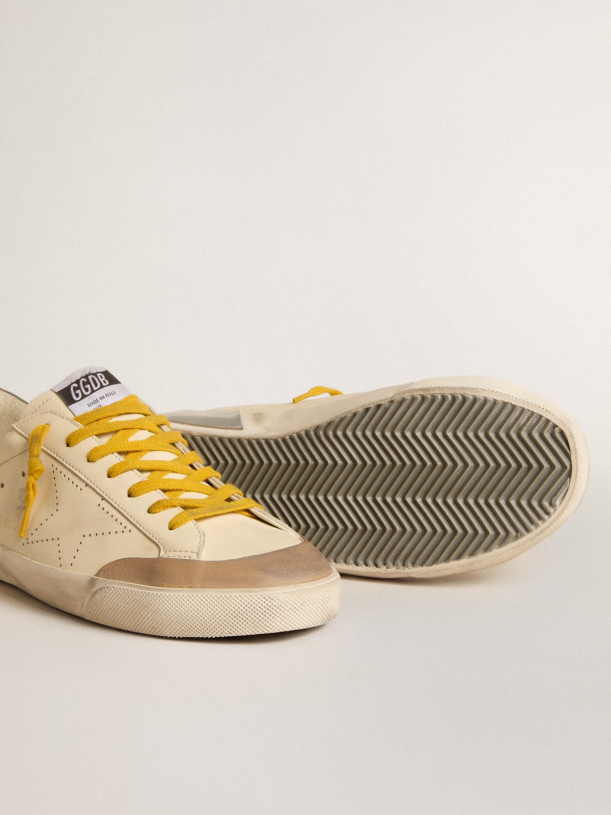 Golden Goose Mens Super-Star In Leather With Perforated Star And Gray Suede Heel Tab Mens