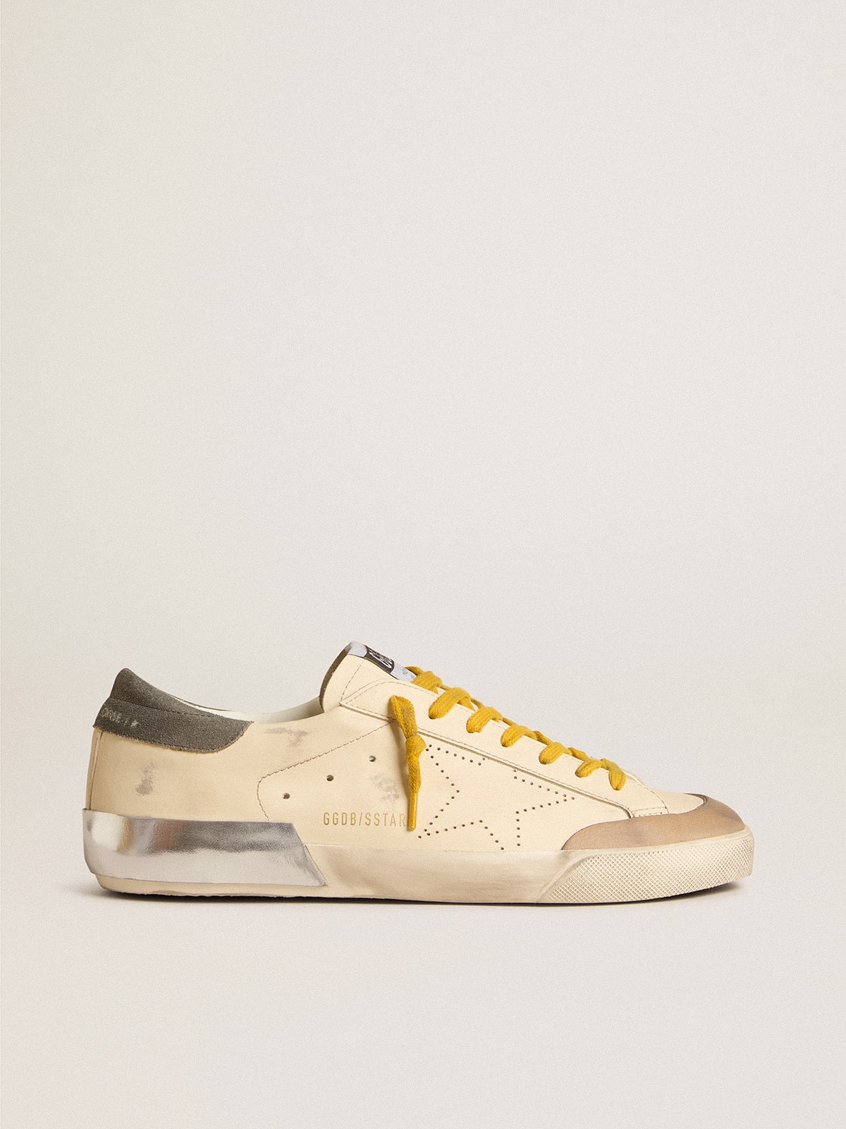 Golden Goose Mens Super-Star In Leather With Perforated Star And Gray Suede Heel Tab Mens