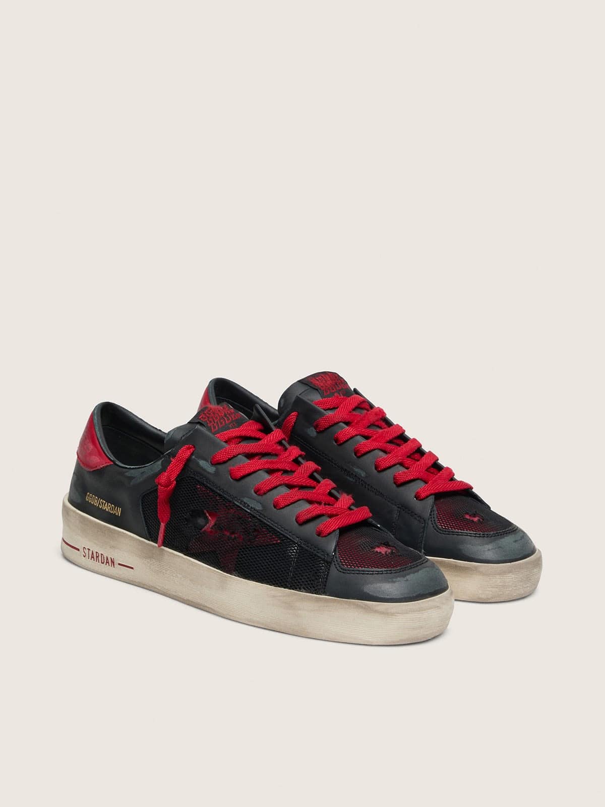 Golden Goose Mens Stardan In Black Leather With Red Star And Black Mesh And Red Leather Inserts Mens