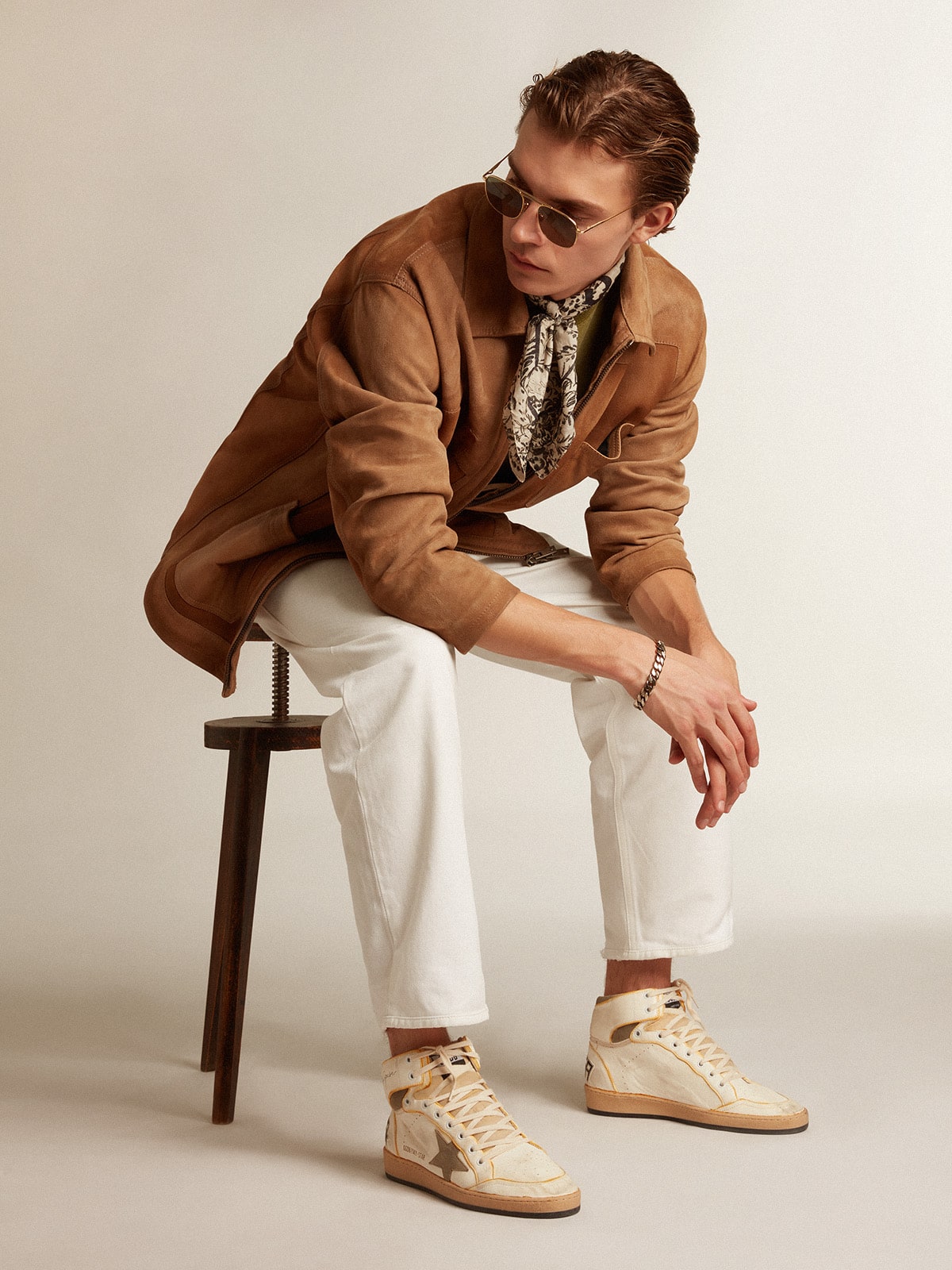 Golden Goose Mens Sky-Star In White Nappa Leather With Dove-Gray Suede Star Mens