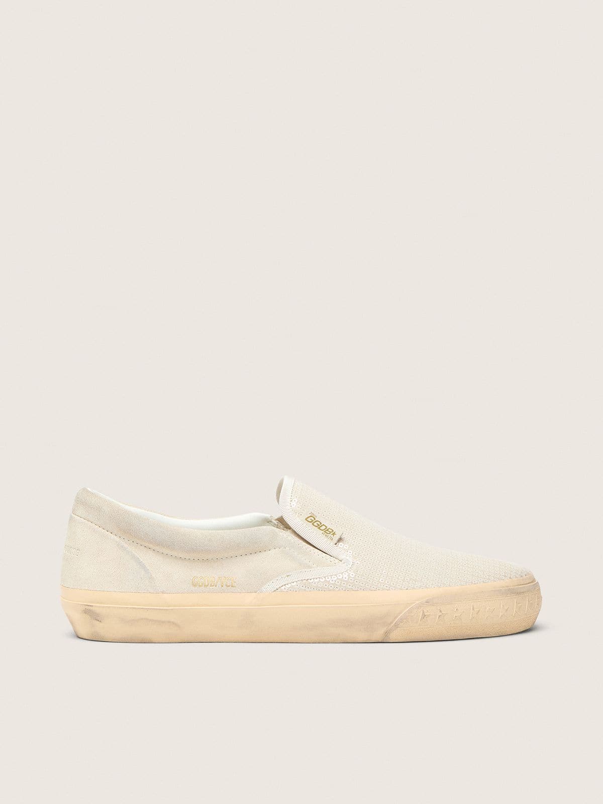 Golden Goose Mens Vce Penstar In Beige Suede And Pearl-Colored Sequins Mens