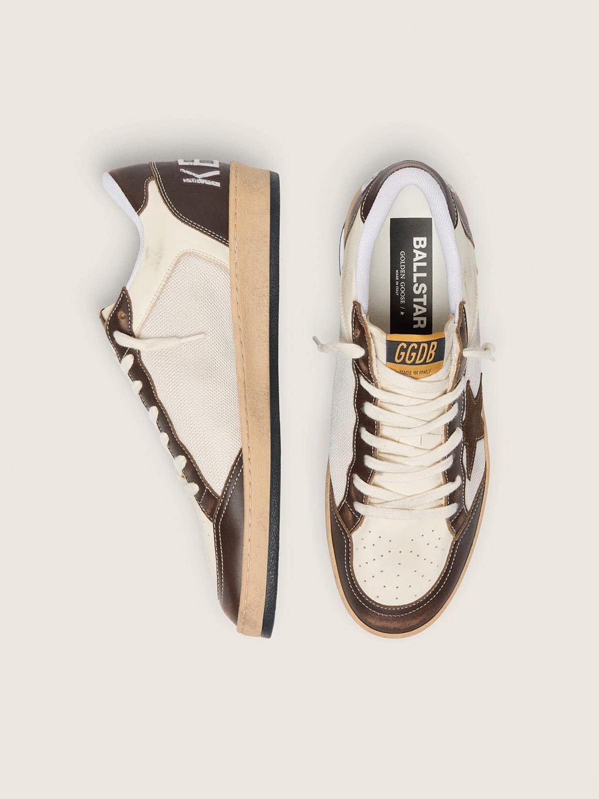 Golden Goose Mens Ball Star In Nappa And Mesh With Suede Star And Brown Leather Inserts Mens