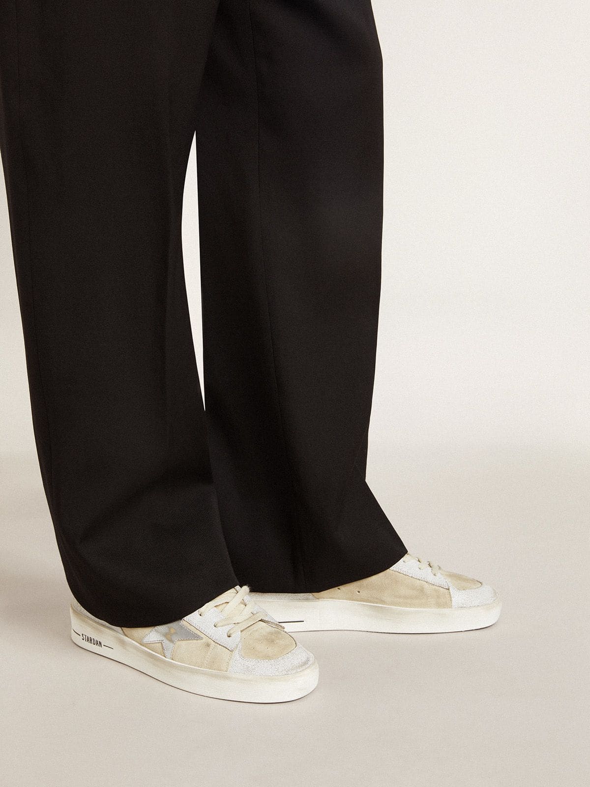 Golden Goose Mens Stardan In Nubuck And Crackle Leather With Silver Metallic Leather Star Mens