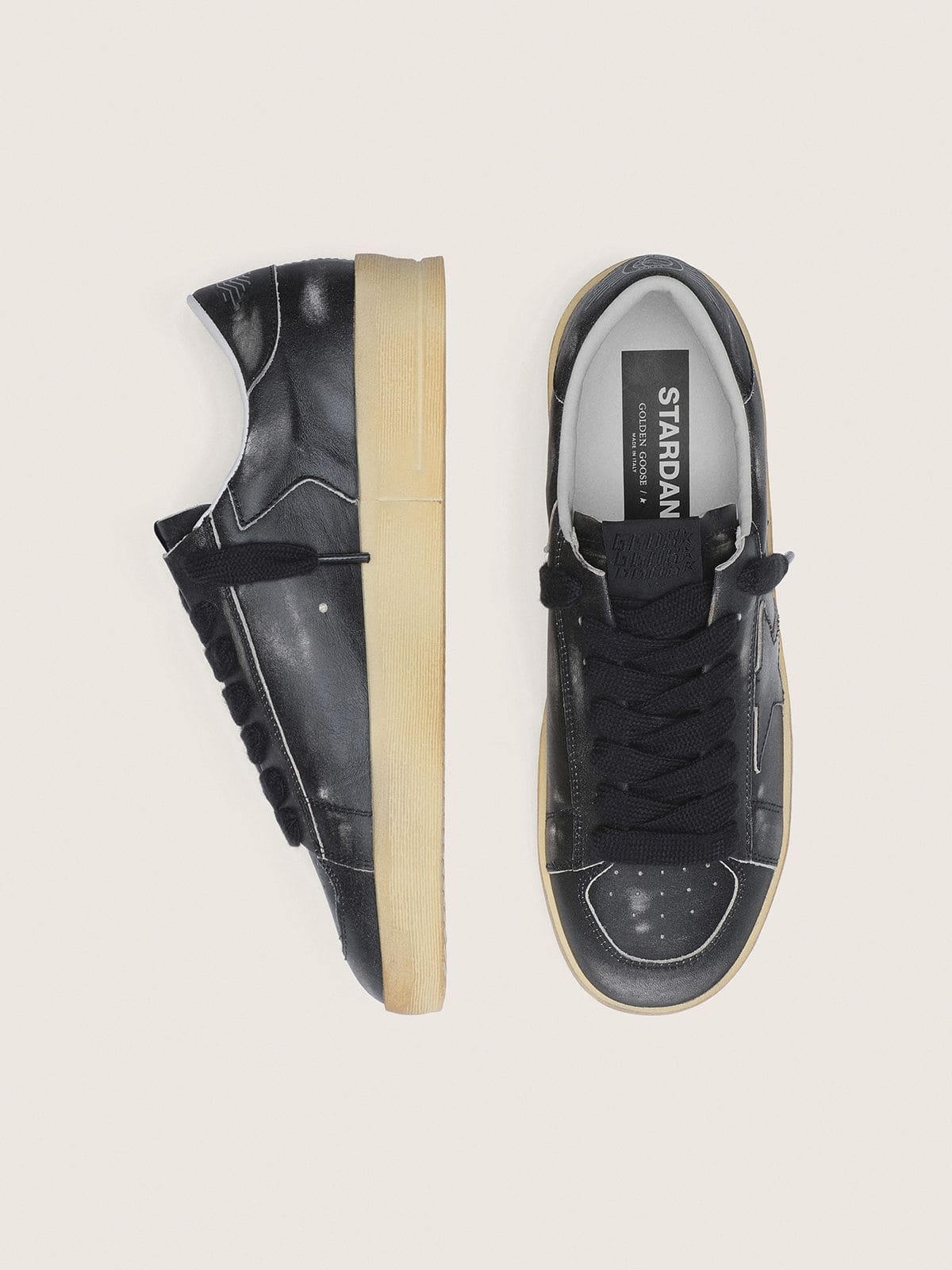 Golden Goose Mens Stardan In Black Leather With Black Leather Star And Heel Tab Mens