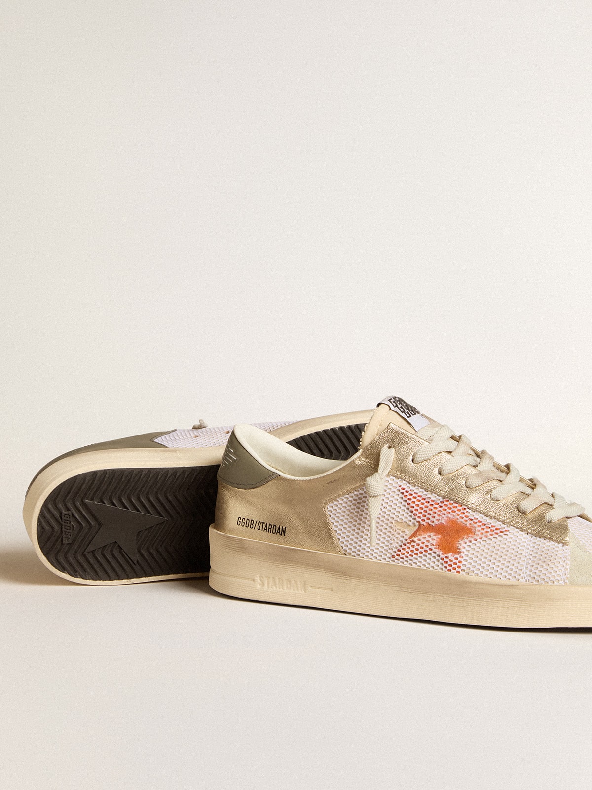 Golden Goose Stardan In White Mesh With Orange Star And Platinum Leather Inserts Mens