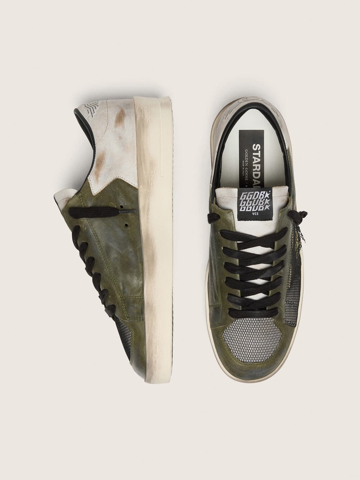 Golden Goose Mens Stardan Ltd In White And Olive-Green Leather With Black Mesh And Yellow Leather Star Mens