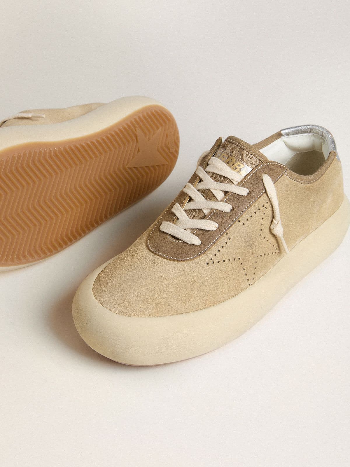 Golden Goose Mens Space-Star In Beige Suede With Perforated Star And Metallic Silver Heel Tab Mens