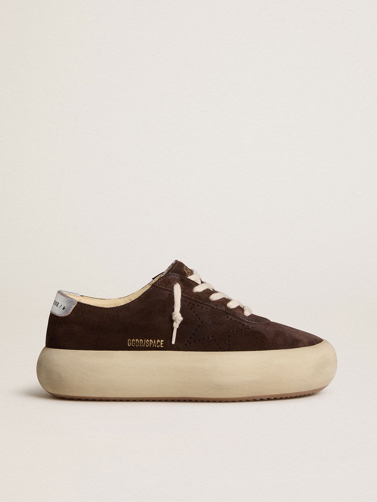 Golden Goose Mens Space-Star In Dark Brown Suede With Metallic Silver Heel Tab Mens