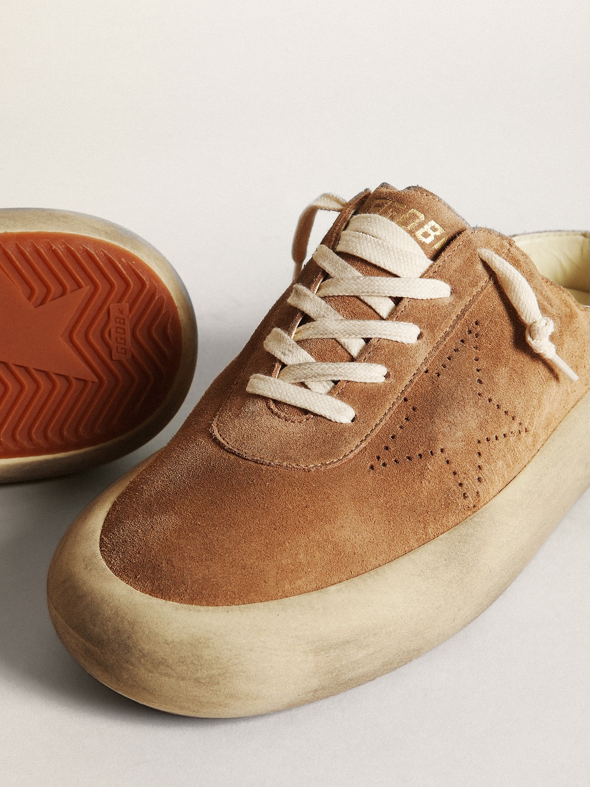 Golden Goose Mens Space-Star Sabots In Tobacco Suede With Perforated Star Mens