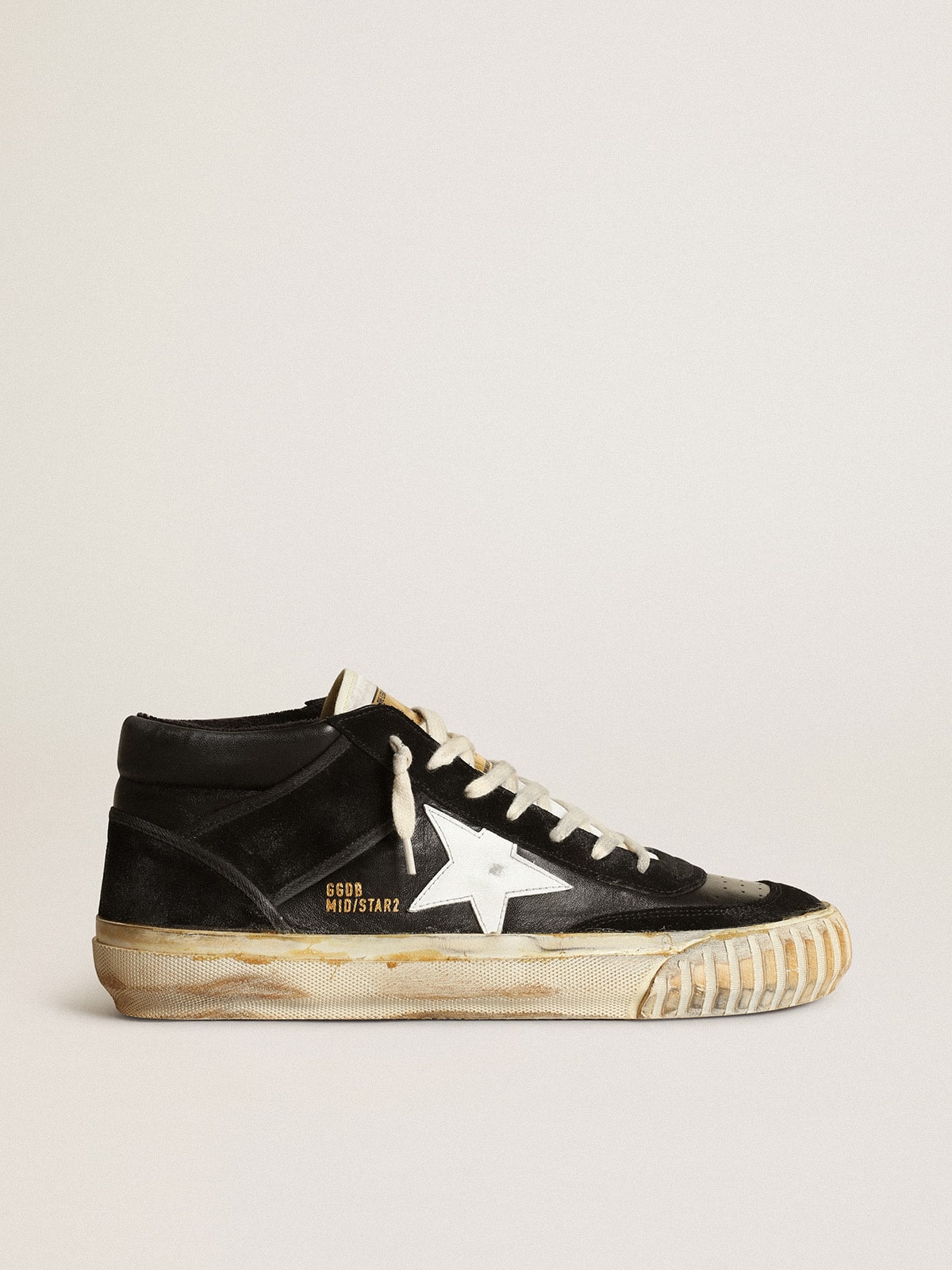 Golden Goose Mens Mid Star In Black Nappa And Suede With White Leather Star Mens
