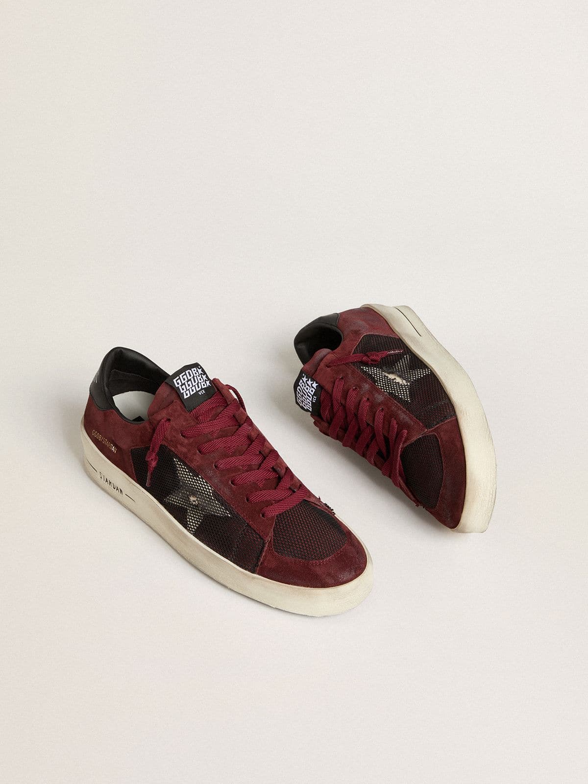 Golden Goose Mens Stardan In Black Mesh And Burgundy Suede With White Leather Star Mens